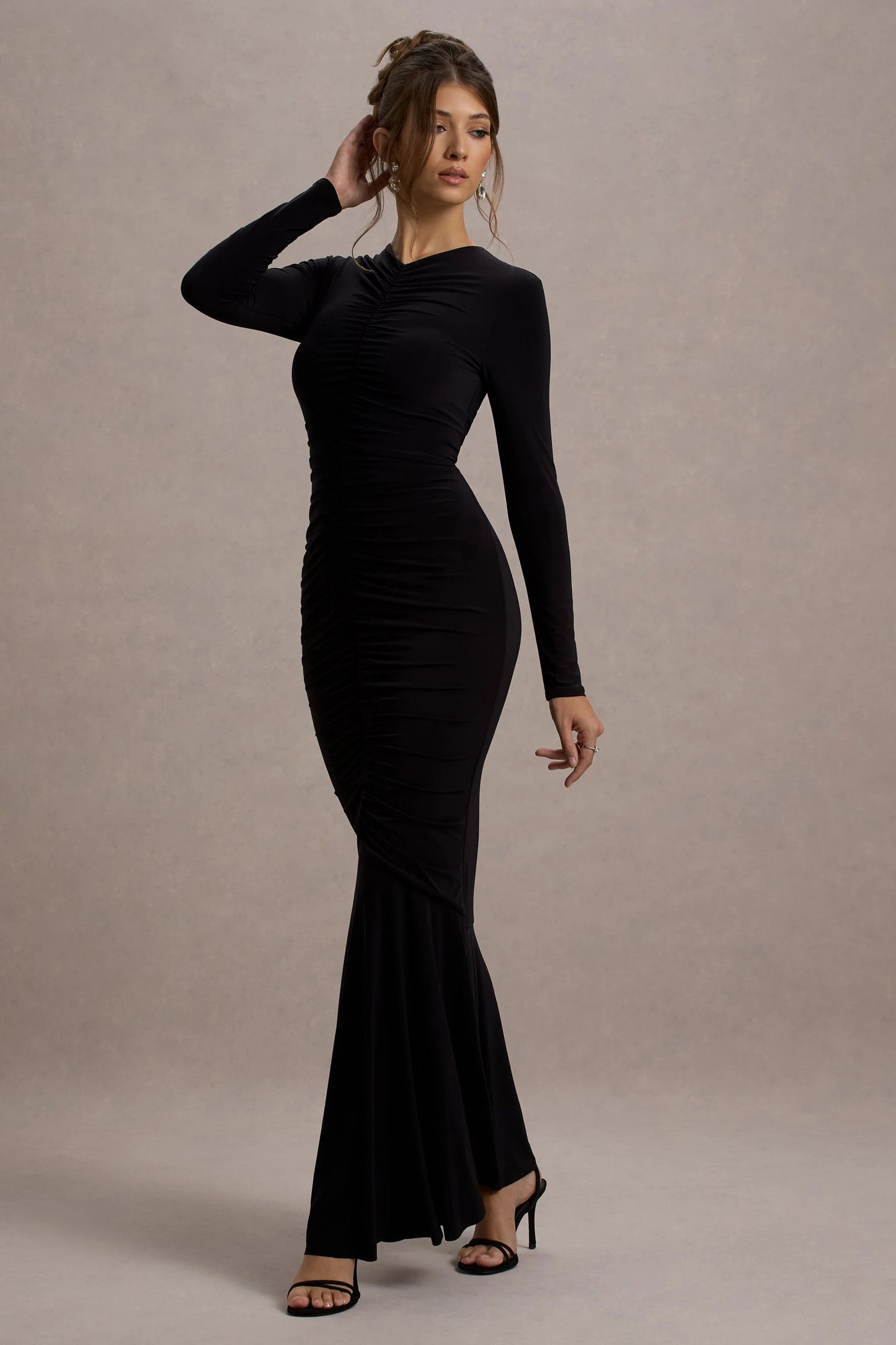 Kalilah | Black Long-Sleeve Ruched  Maxi Dress