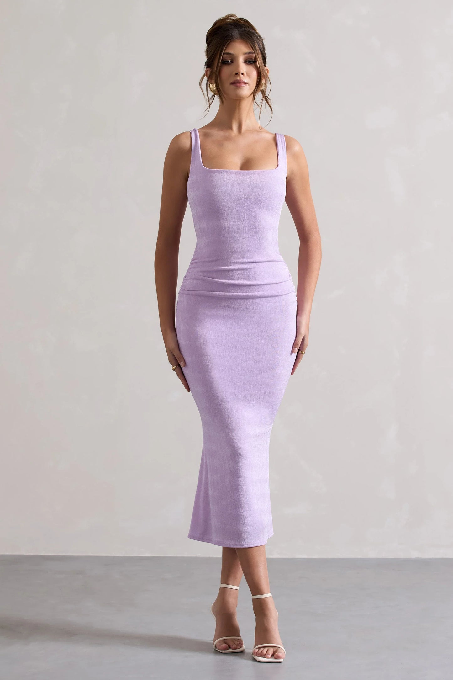 Evora | Lilac Ruched Square-Neck  Midi Dress