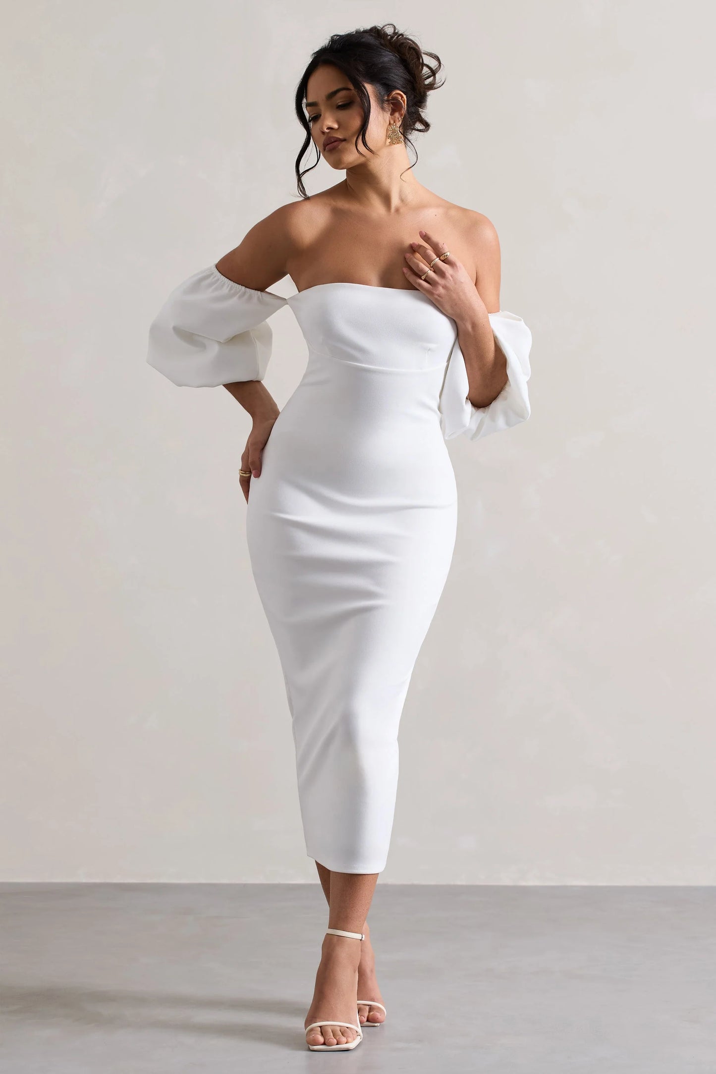 Keira | White Bardot Puff-Sleeve Midi Dress