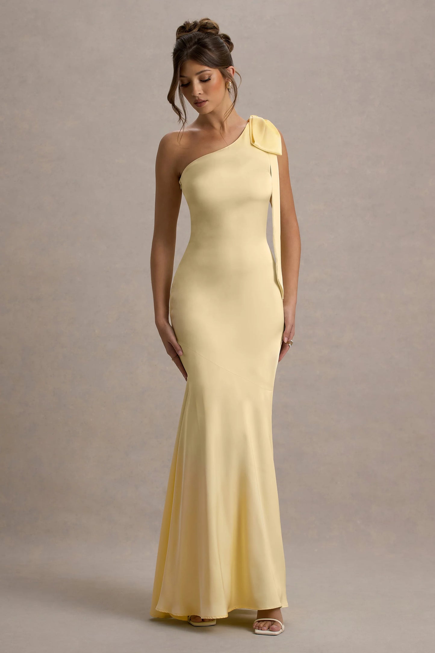 Here For Love | Lemon Satin Asymmetric Maxi Dress With Bow