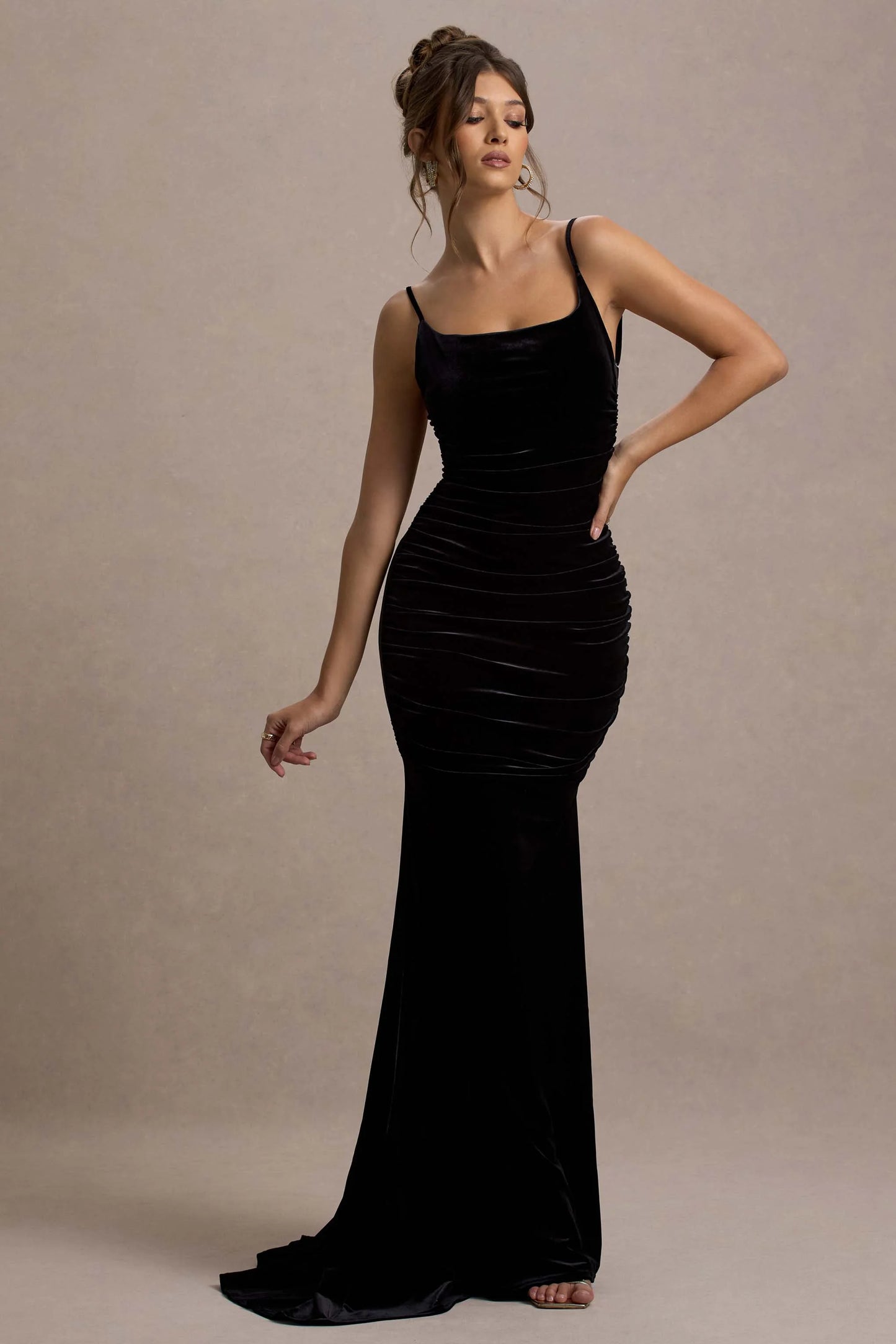 Adele | Black Velvet Ruched Strappy Fishtail Maxi Dress