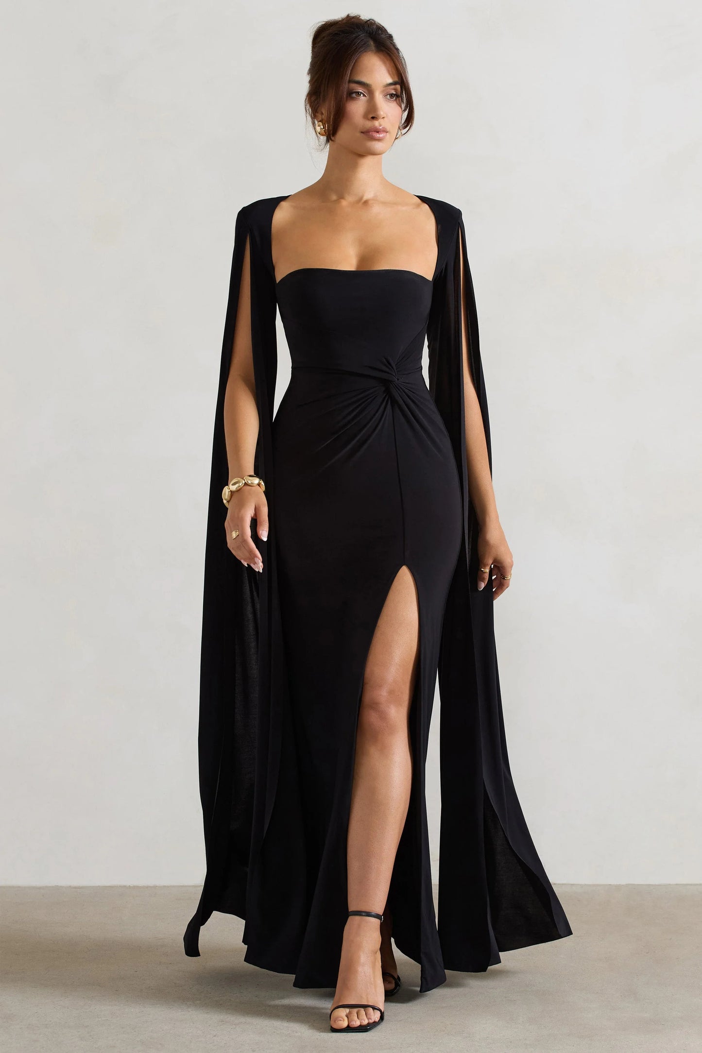 Claretta | Black Square Neck Twisted Maxi Dress With Cape Sleeves