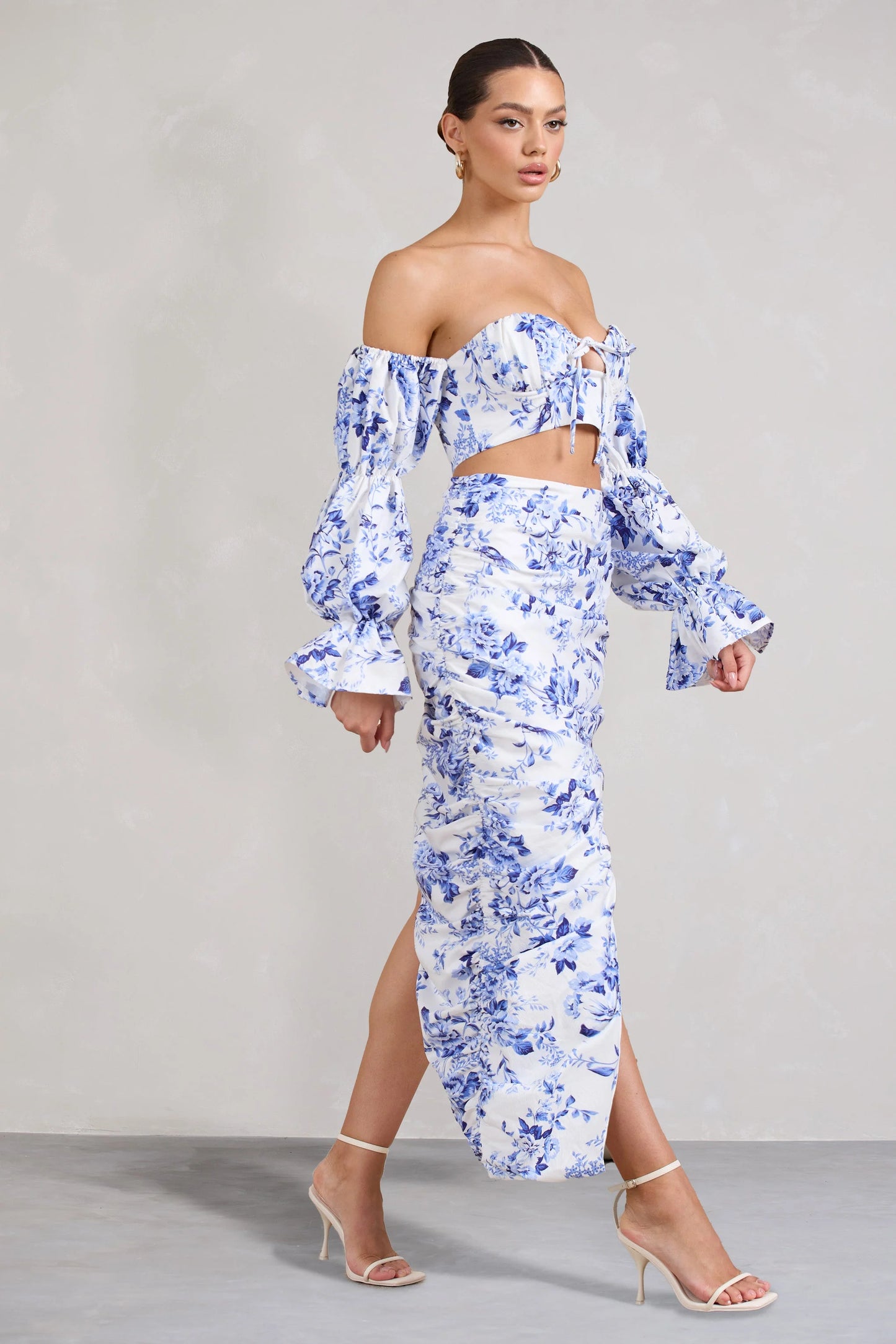 Holiday | Blue Floral Ruched Asymmetric Maxi Skirt