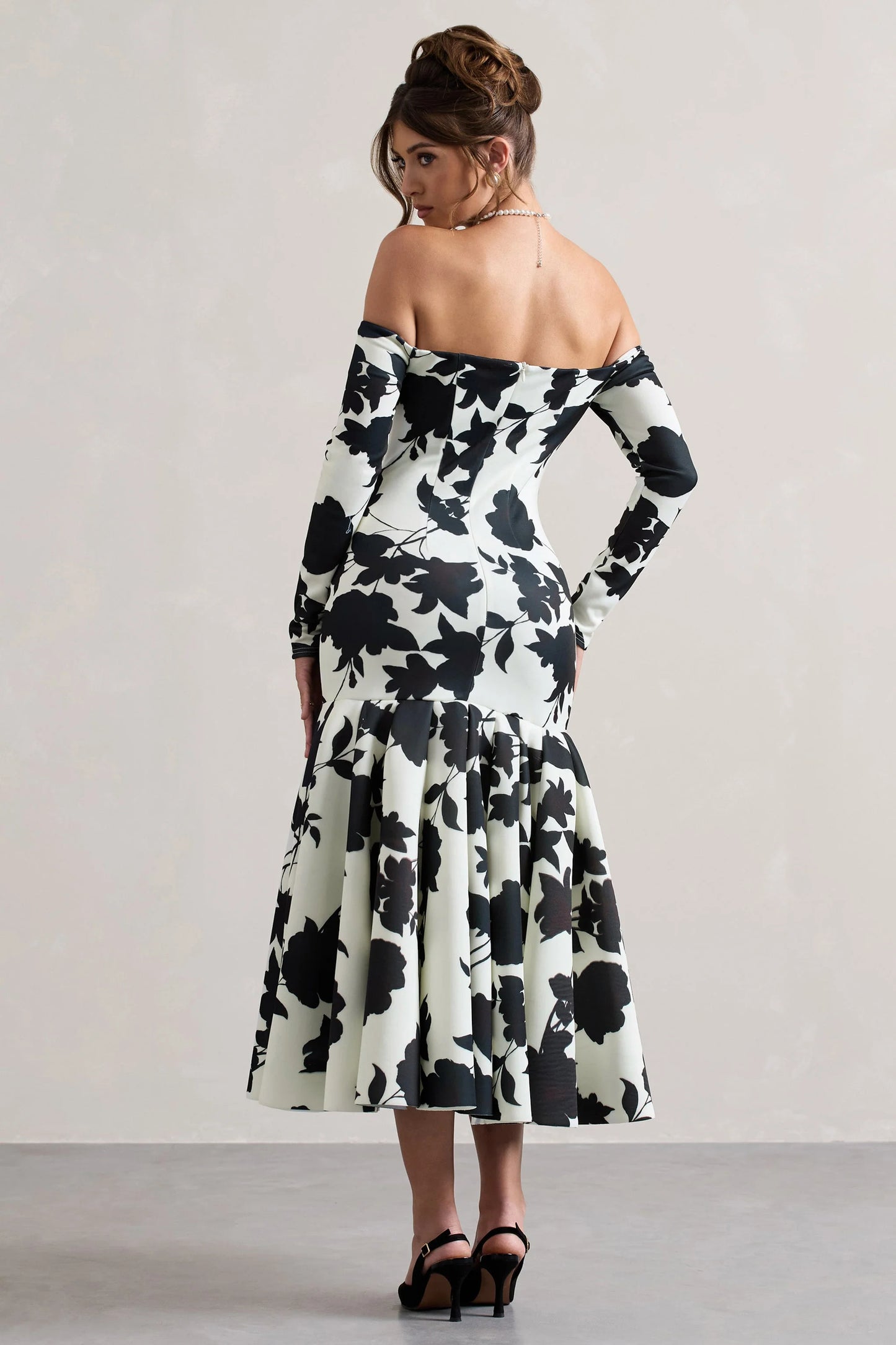 Elite | Cream Floral Print Bardot Maxi Dress With Volume Hem