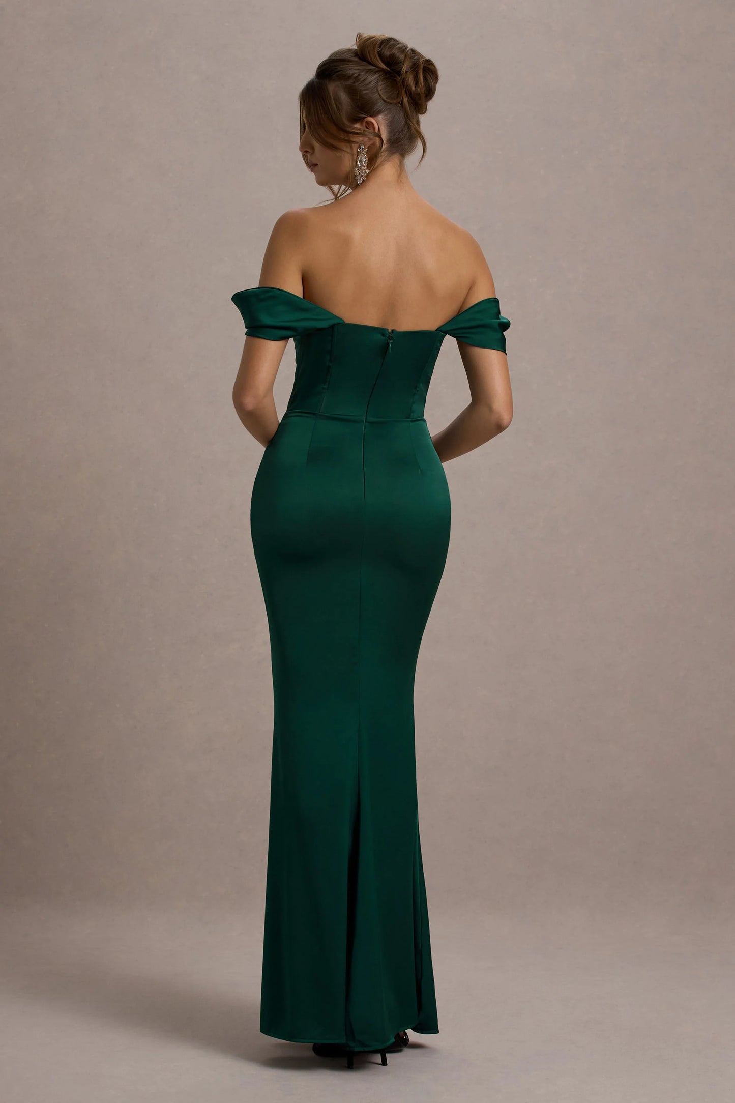 Kimberly | Bottle Green Bardot  Satin Maxi Dress