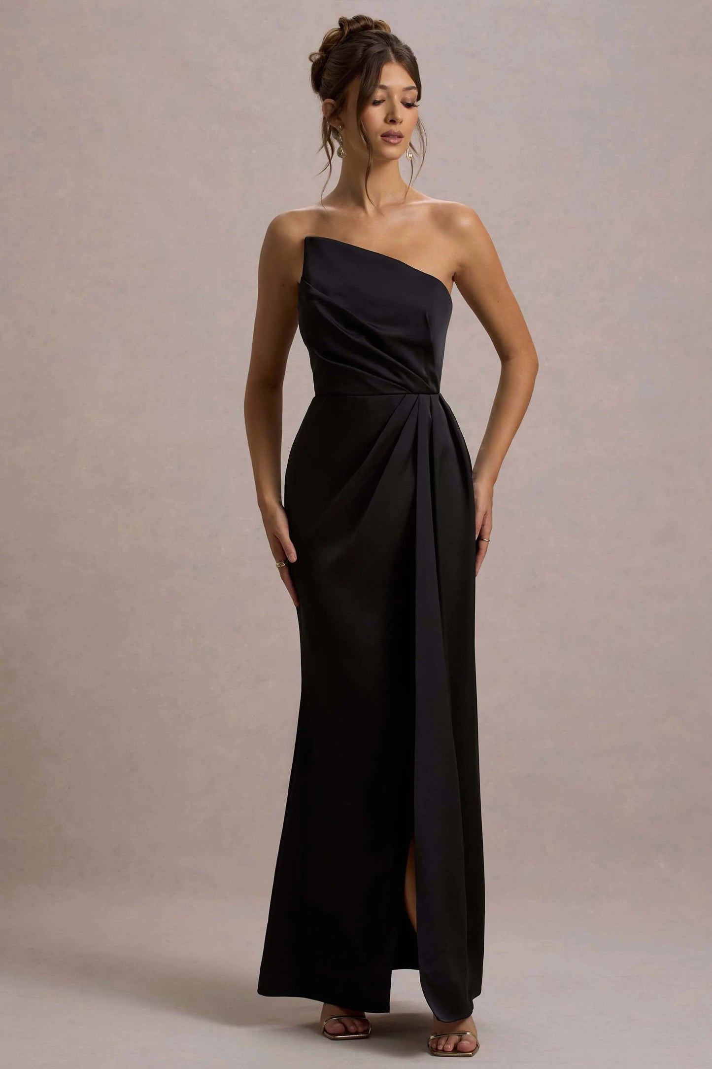 Cairo | Black Satin Strapless Draped Maxi Dress