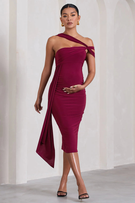 Just Wait | Berry Asymmetric Strappy Maternity Midi Dress With Drape