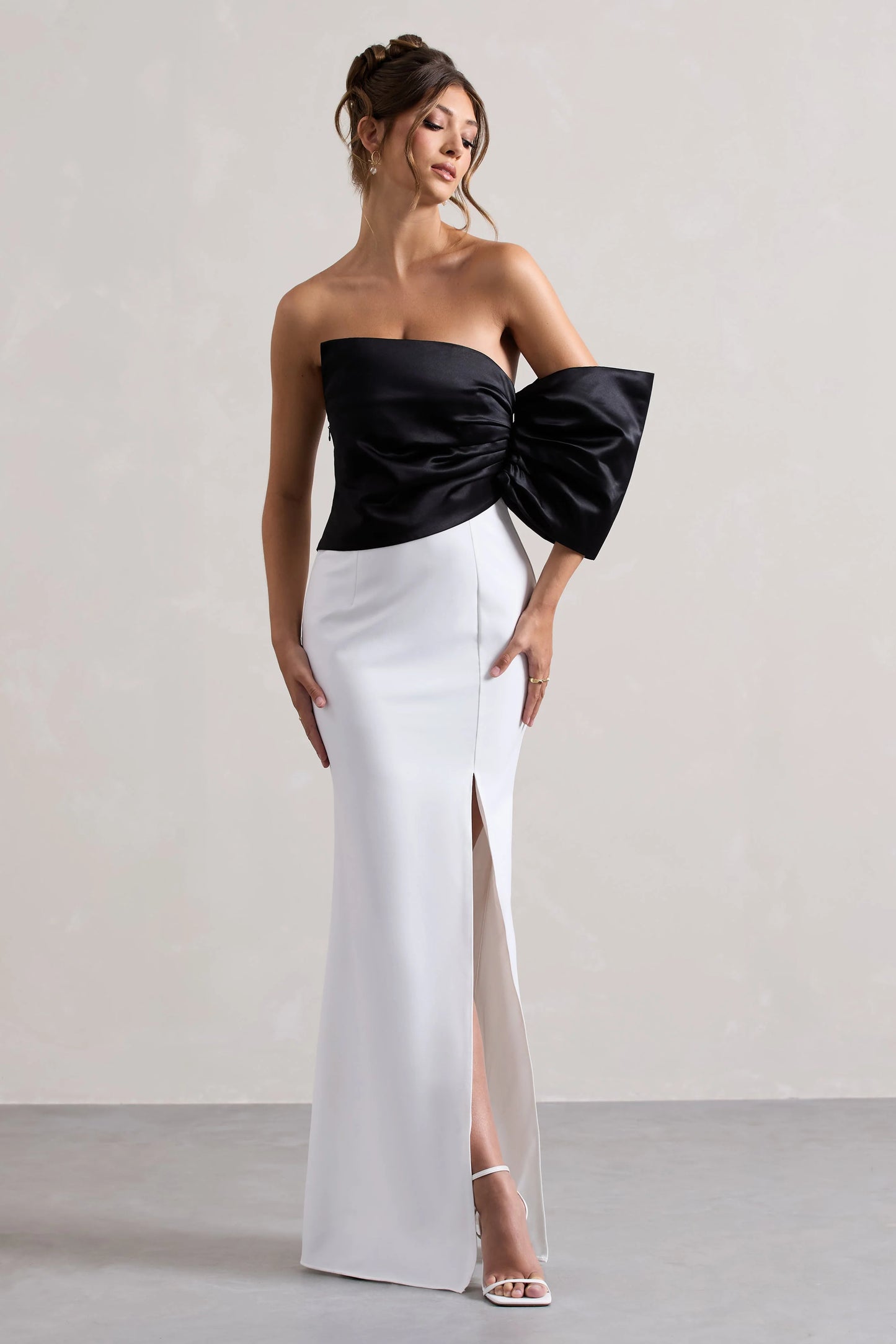 Envision | Black & White Asymmetric One-Sleeve Split Maxi Dress