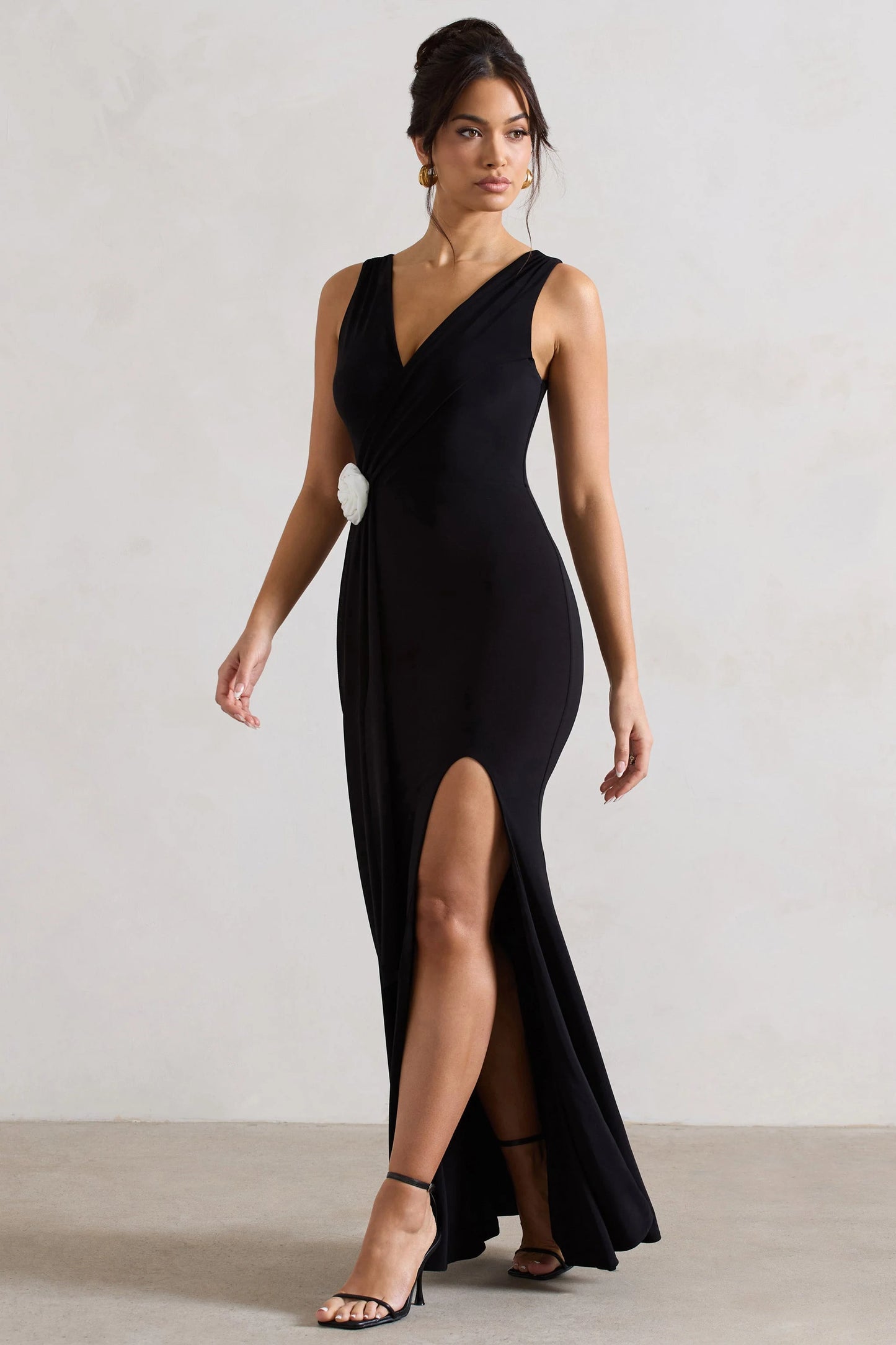 Endora | Black Split Maxi Dress With Corsage & Drape