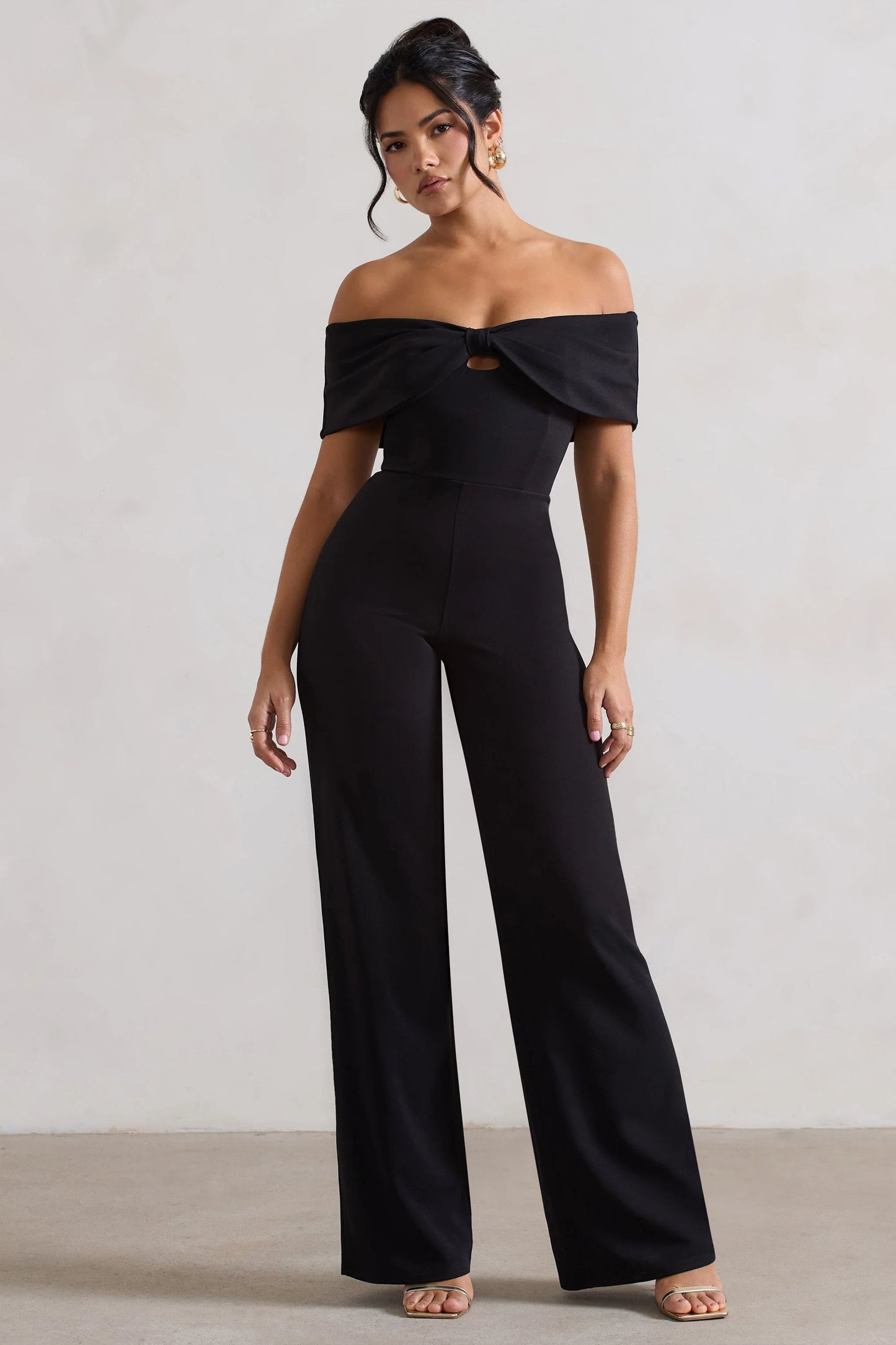 Harleen | Black Bow Bardot Wide-Leg Jumpsuit