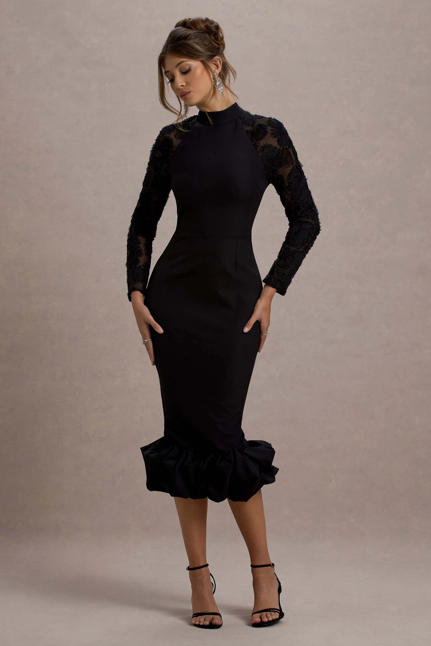 Chandra | Black Mesh Long-Sleeve Midi Dress With Ruffle Hem