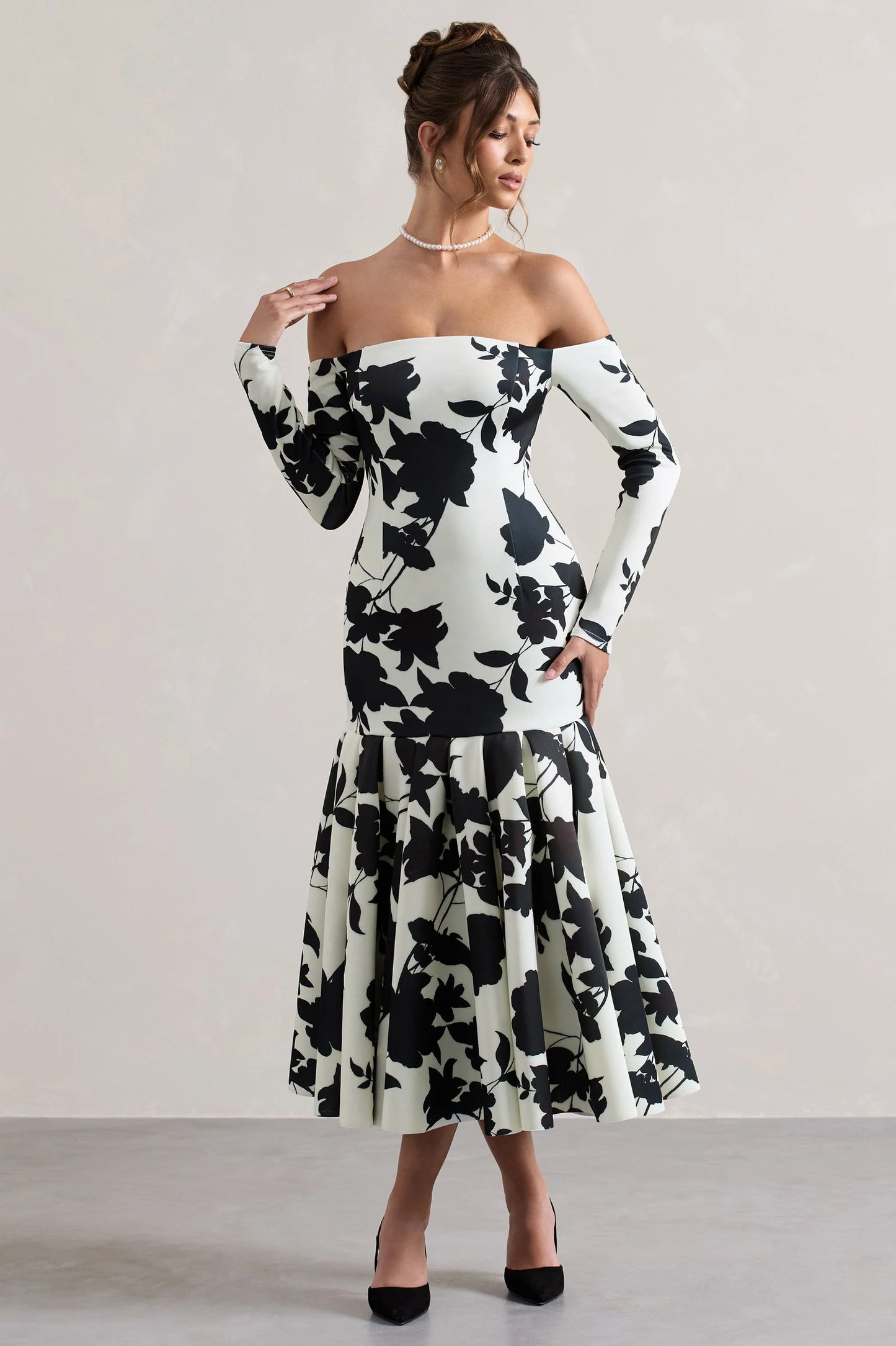 Elite | Cream Floral Print Bardot Maxi Dress With Volume Hem