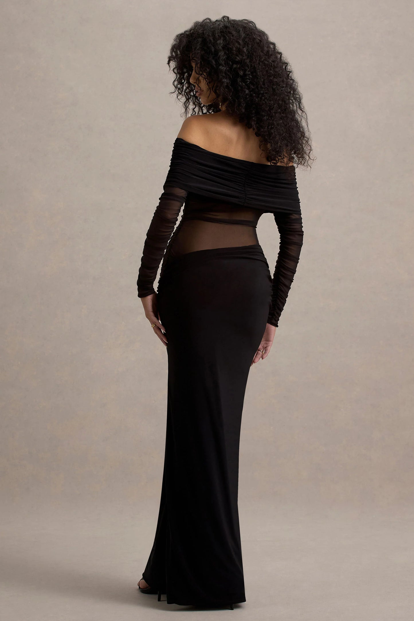 Belamour | Black Semi-Sheer Bardot Gathered Maxi Dress