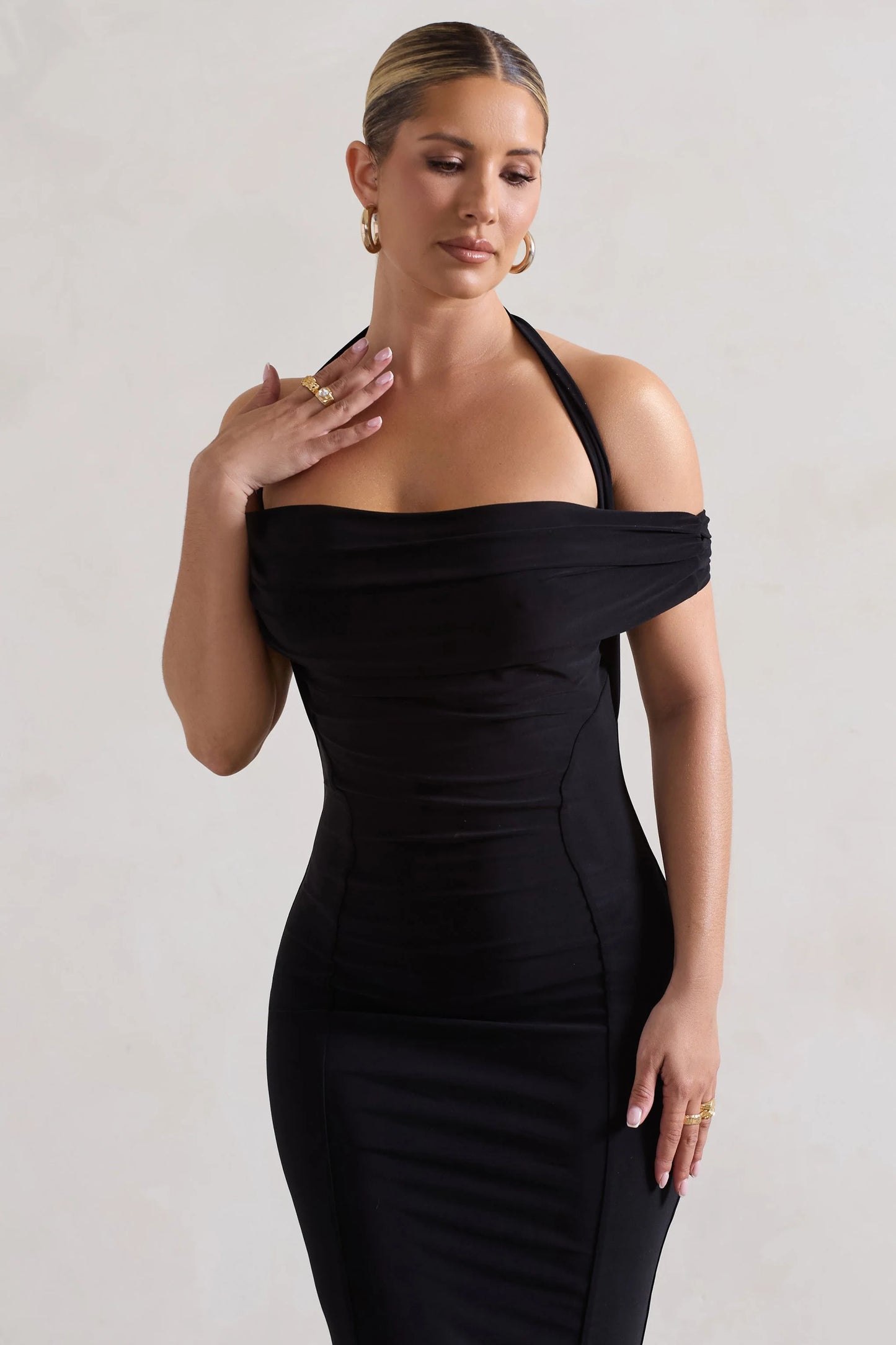 Gwen | Black Bardot Halter-Neck Midi Dress