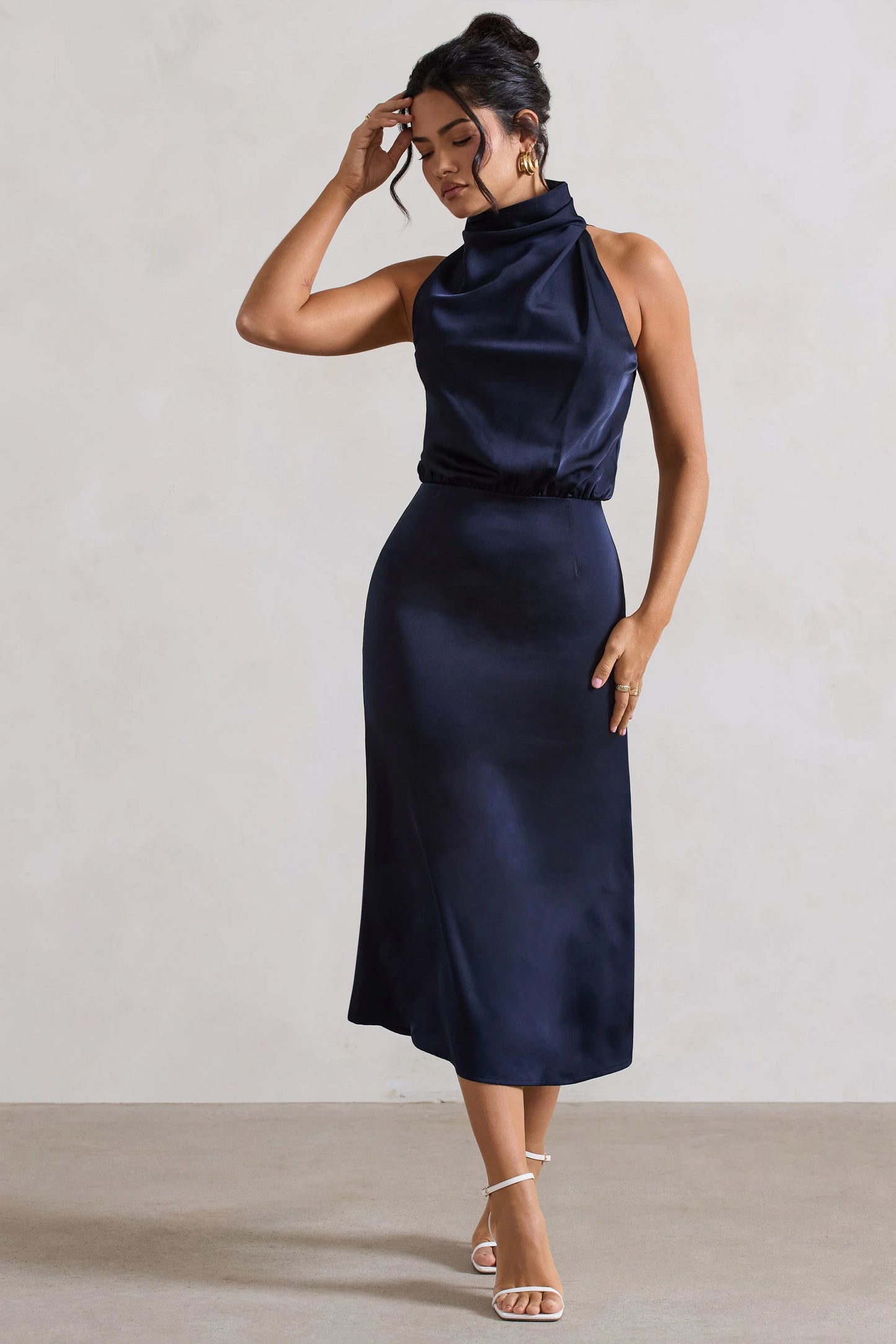 Geena | Navy Satin Twisted High-Neck Midi Dress