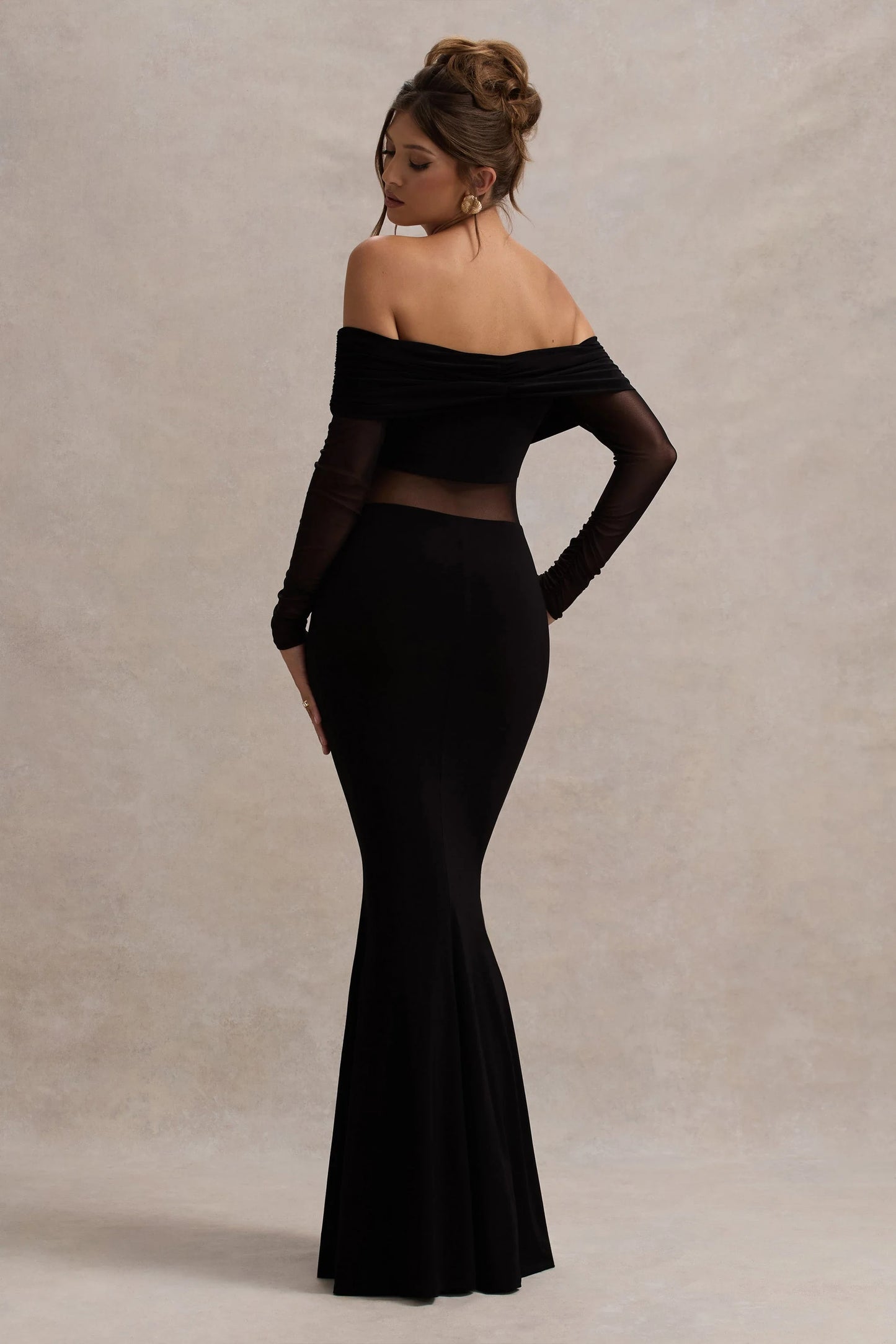 Ismeralda | Black Mesh Ruched Bardot Maxi Dress