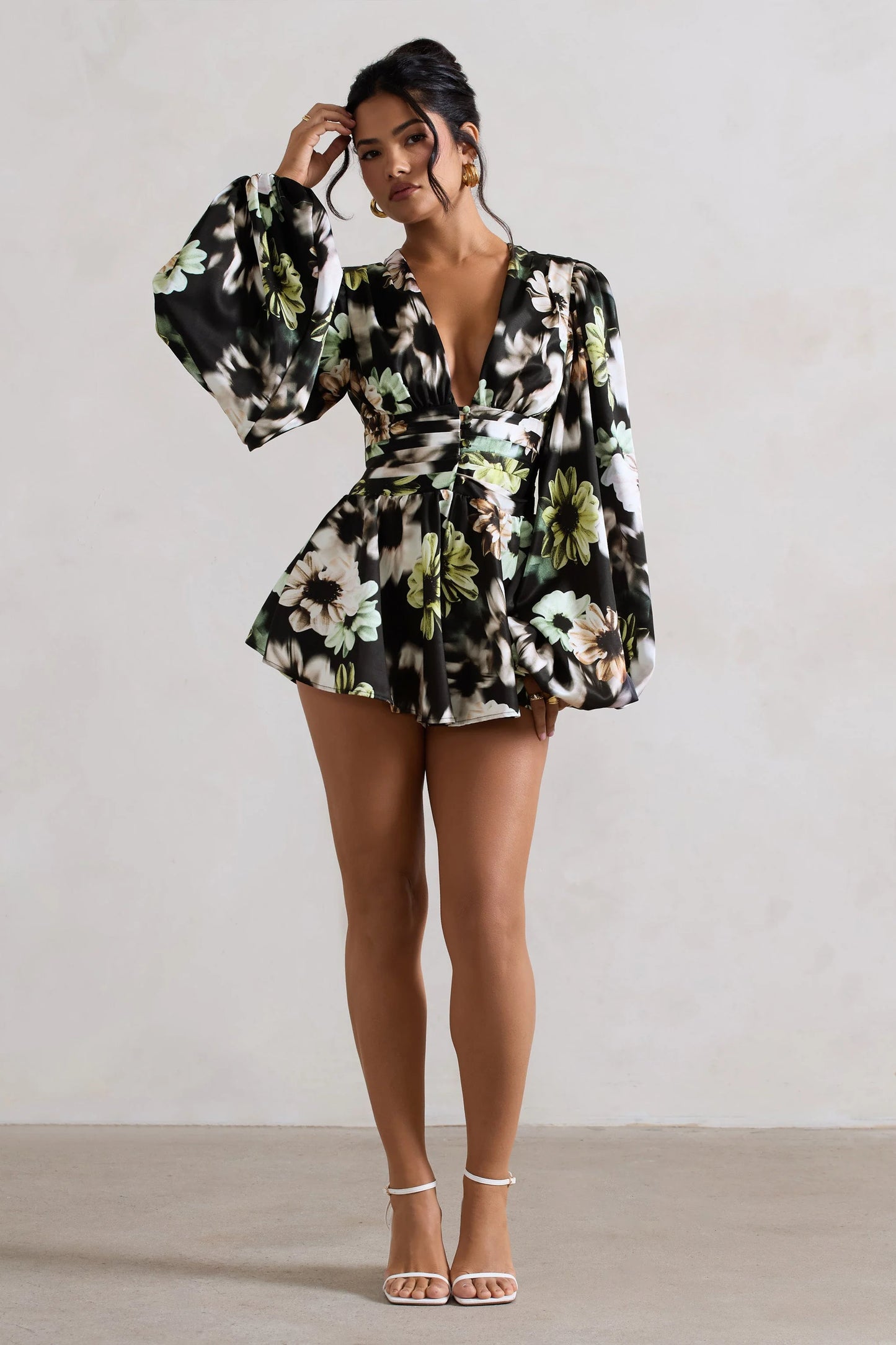 Katsura | Black Floral Print Satin Plunge-Neck Playsuit