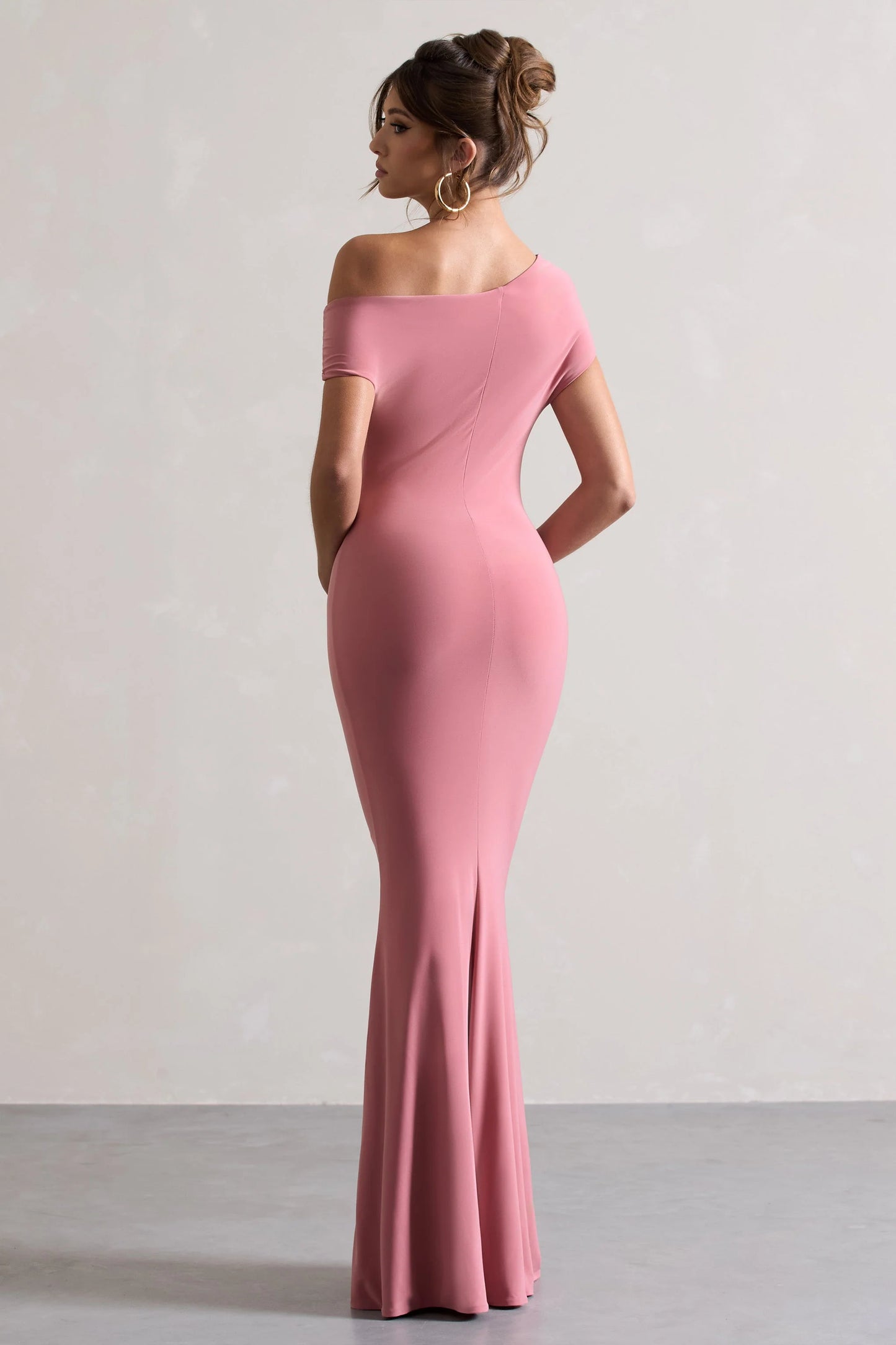 Avila | Blush Pink Asymmetric Bardot Maxi Dress