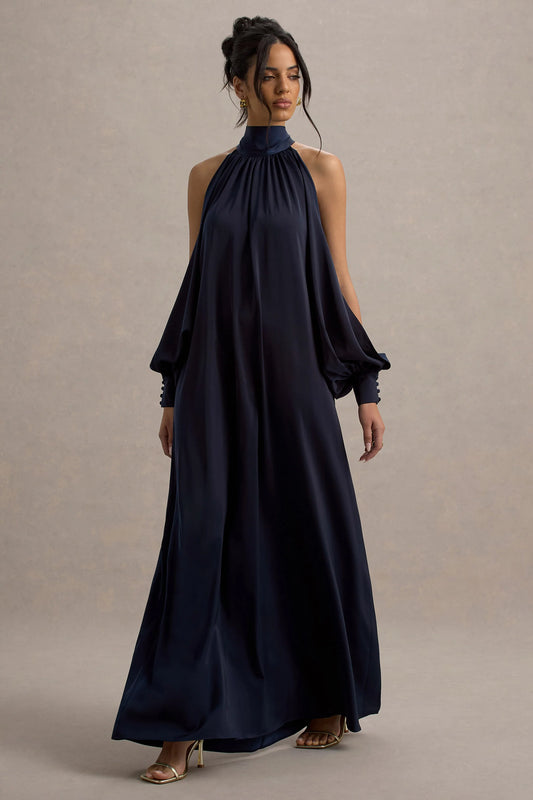 Baila | Navy Satin High-Neck Cape-Sleeve Maxi Dress