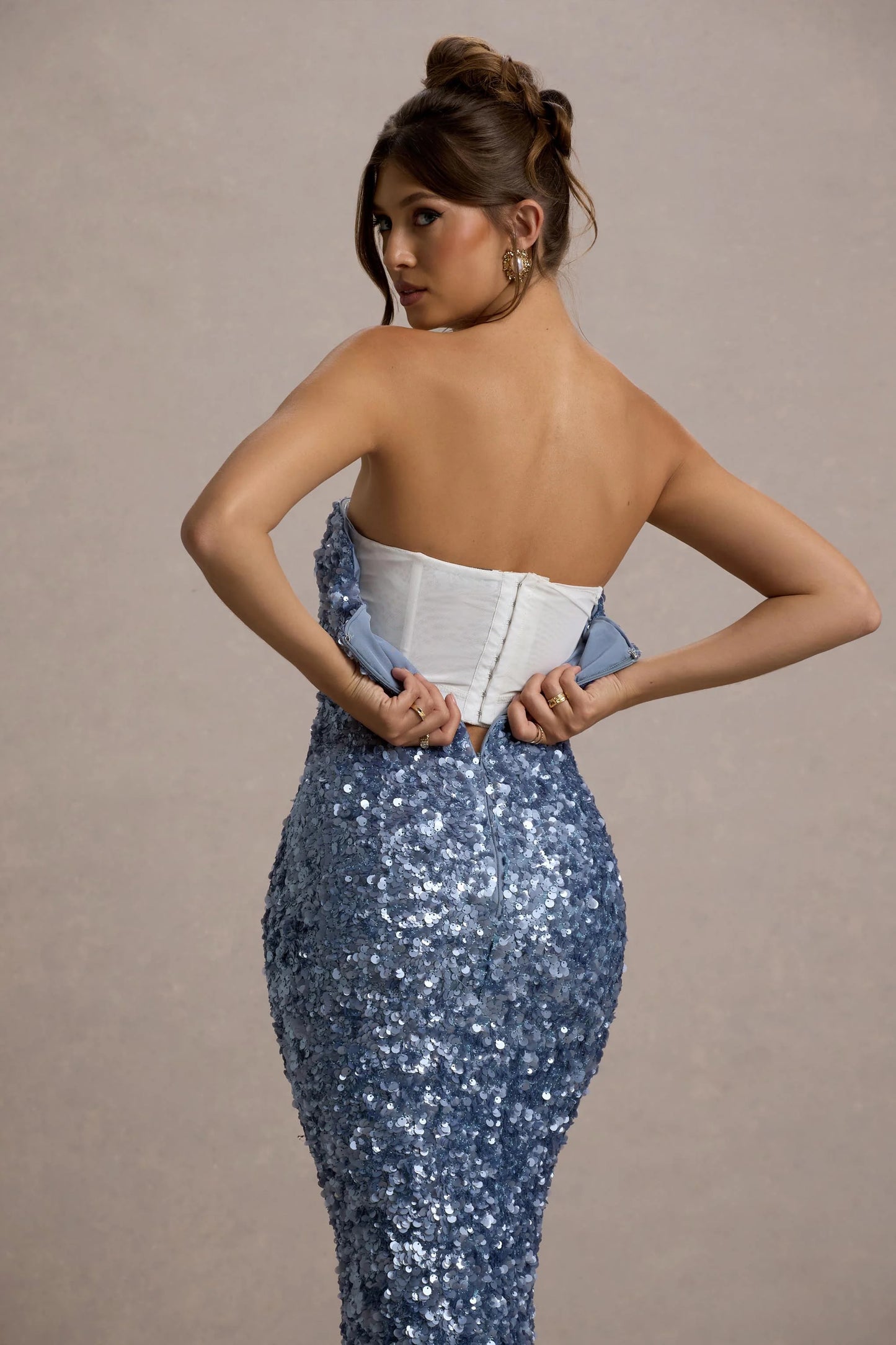 Evabeth | Powder Blue Sequin Strapless Maxi Dress