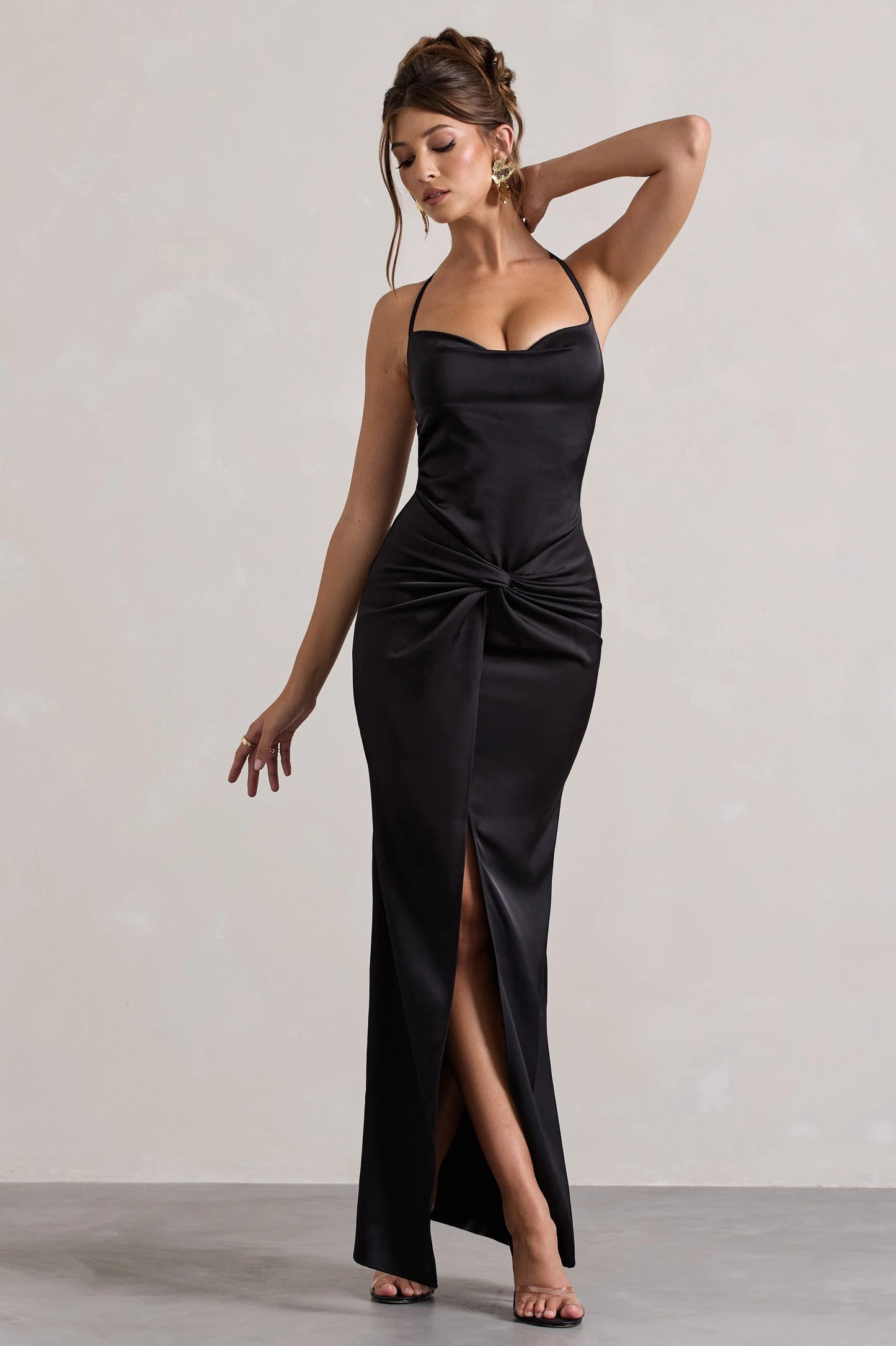 Hermosa | Black Satin Cowl-Neck Twisted Split Maxi Dress