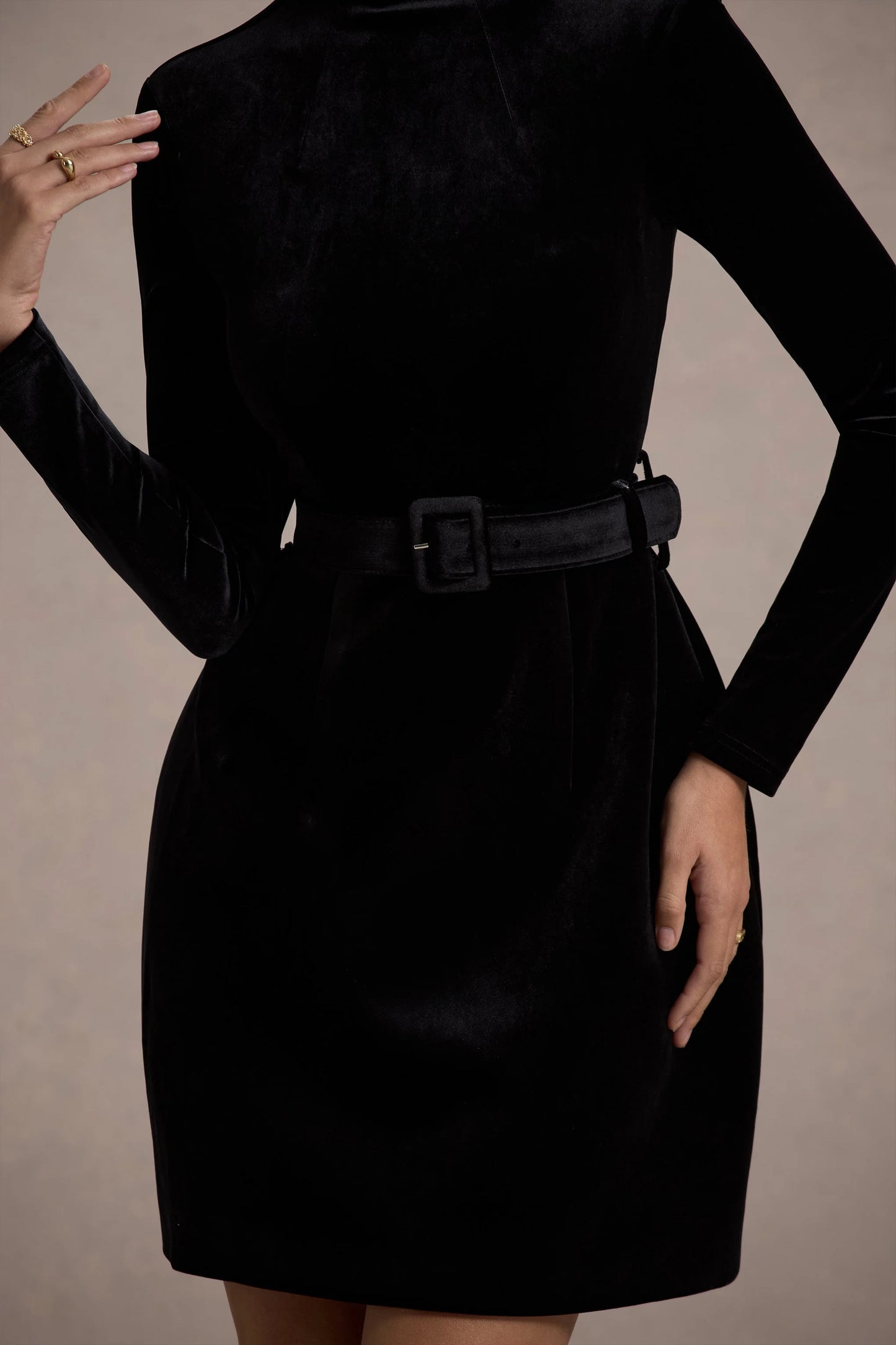 Charm | Black Velvet Turtleneck Long-Sleeve Belted Mini Dress