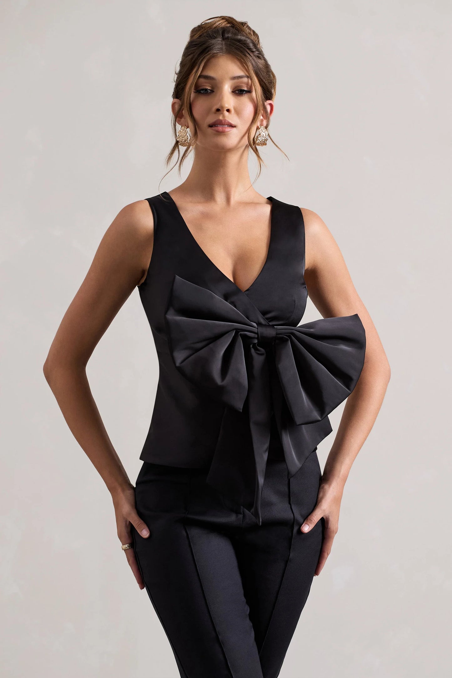 Adoration | Black Satin Plunge-Neck Top With Bow