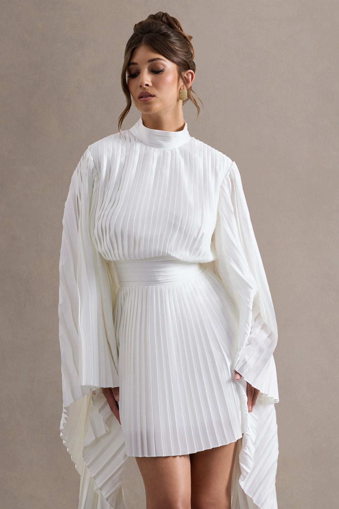 Charity | White Pleated High-Neck Mini Dress With Cape Sleeves