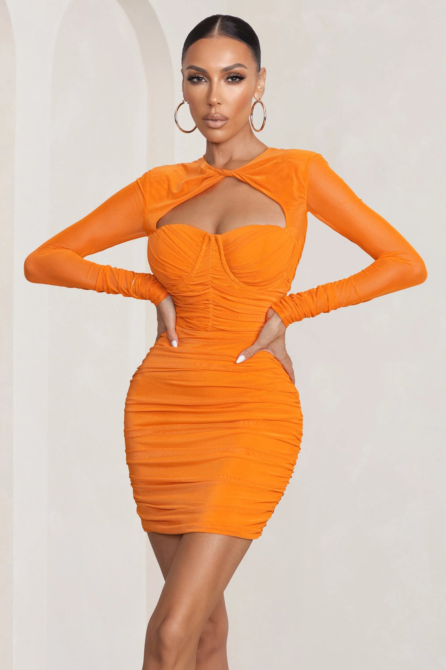 Daiquiri | Orange Cut Out Ruched Mesh Mini Dress With Long Sleeves