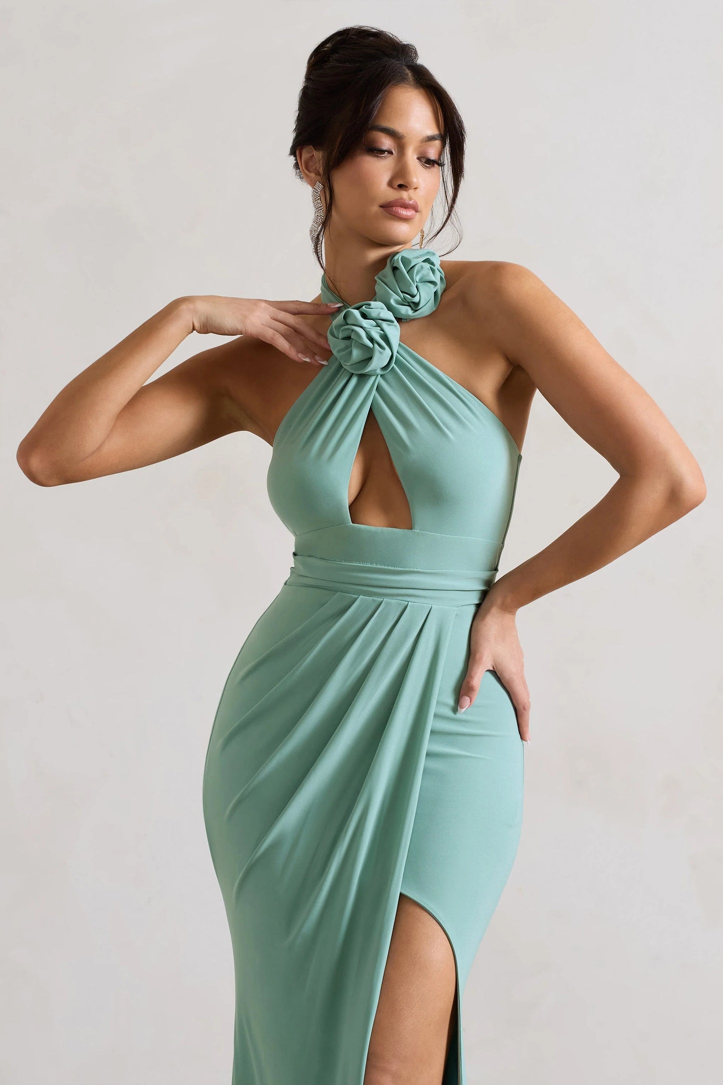 Kira | Sage Halter-Neck Cut-Out Split Maxi Dress With Flowers