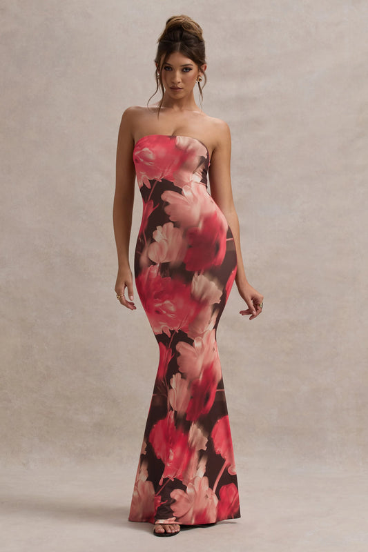 Ceremony | Red Floral Print Bandeau Fishtail Maxi Dress