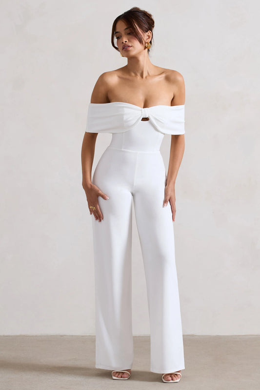 Harleen | White Bow Bardot Wide-Leg Jumpsuit