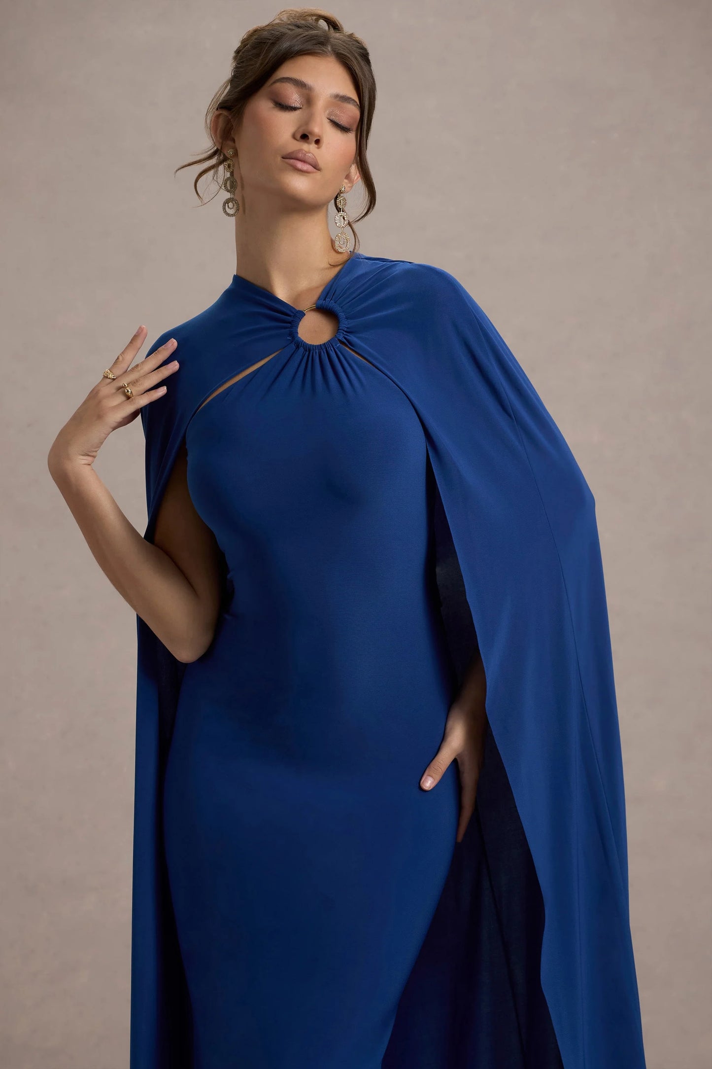 Aliza | Royal Blue Cape Maxi Dress With Gold Ring