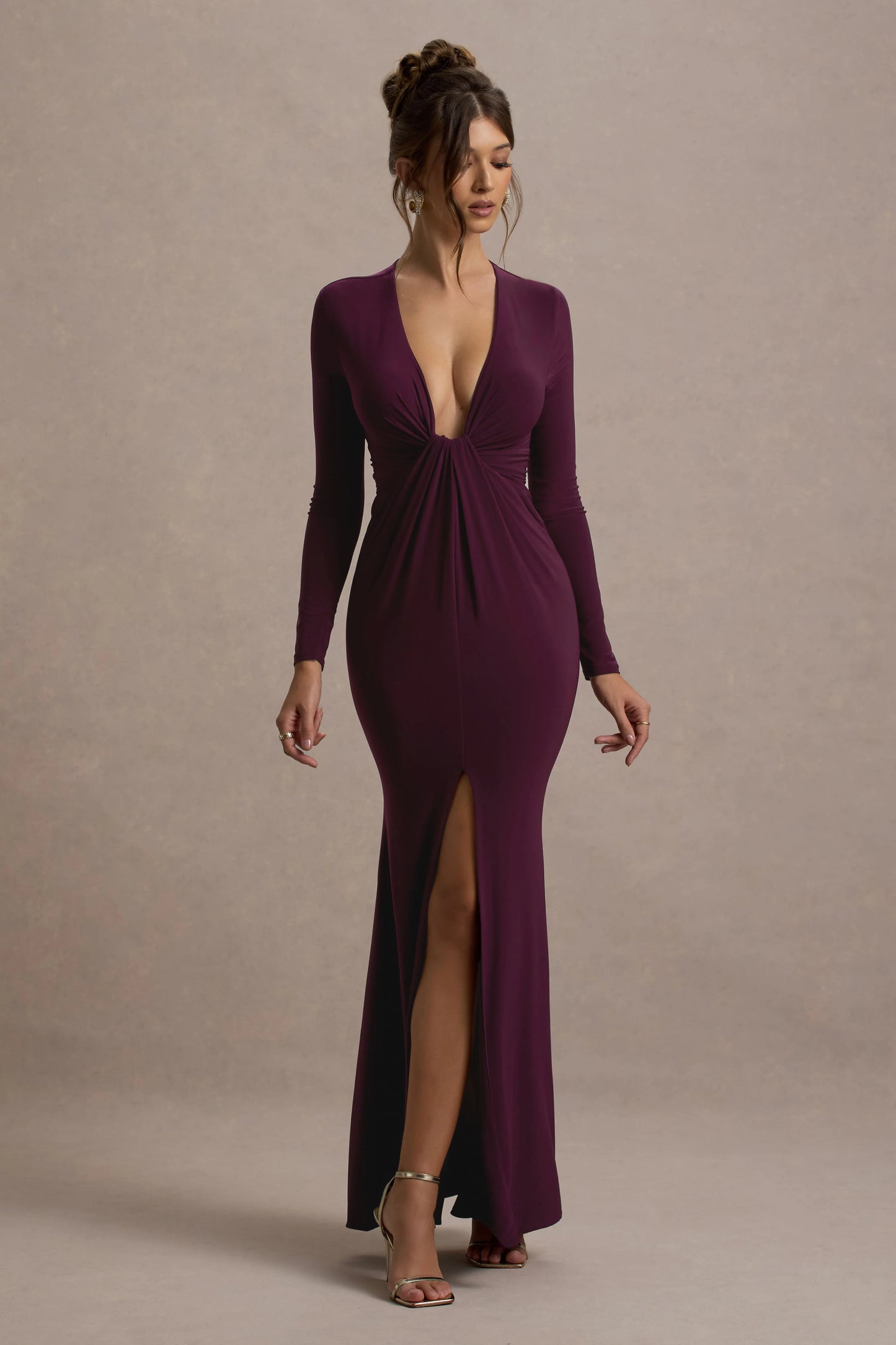 Aluna | Plum Plunge-Neck Twisted Split Maxi Dress