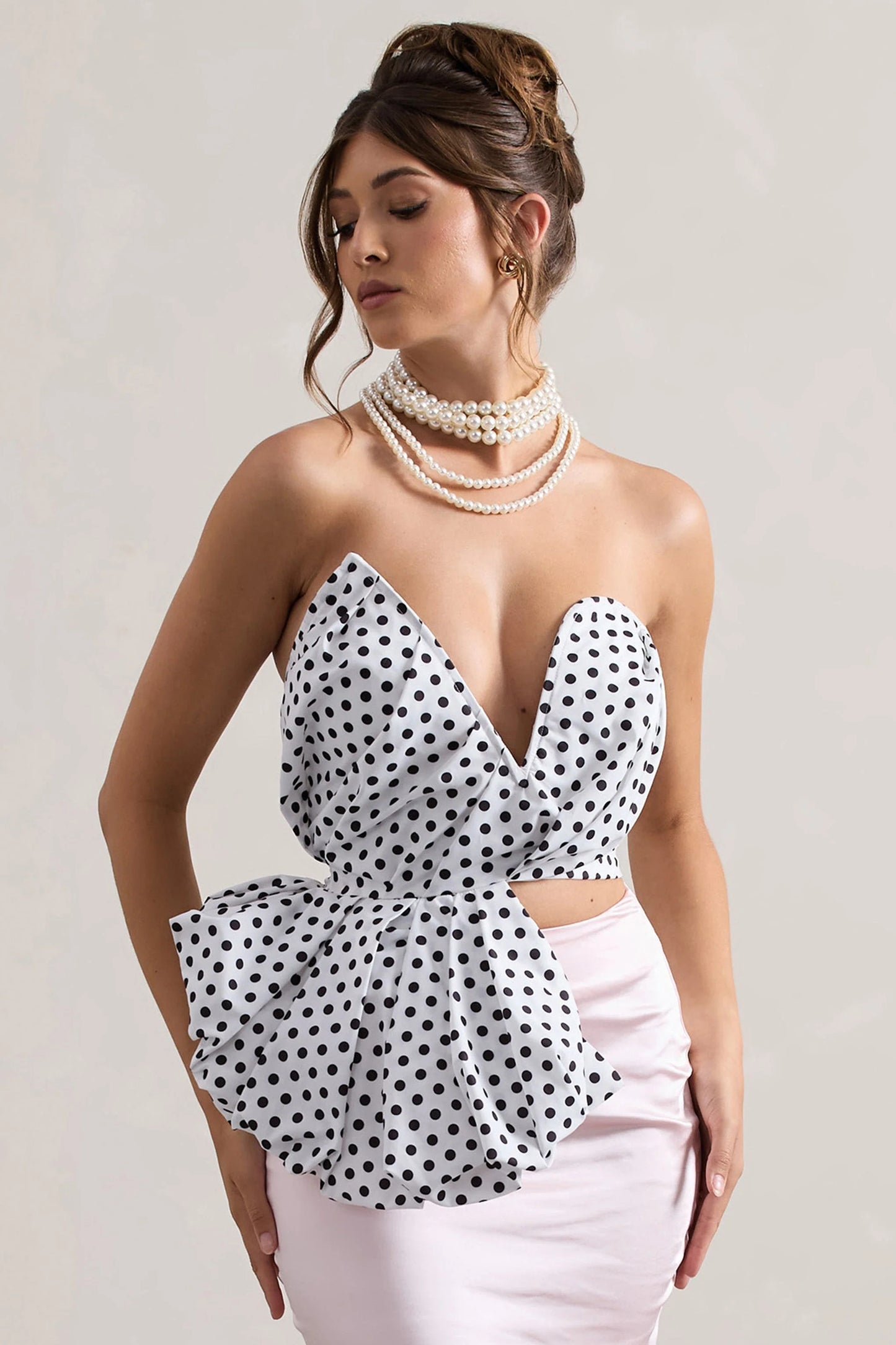 Haute | Cream Polka Dot Asymmetric Plunge-Neck Corset With Ruffle