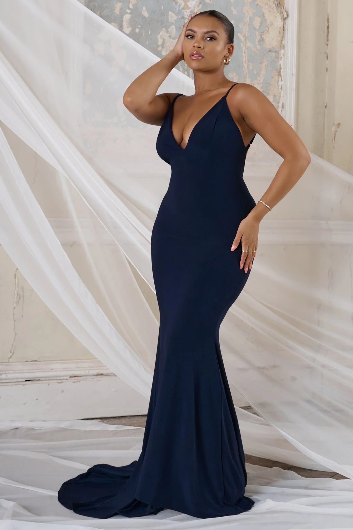 Irreplaceable | Navy Backless Bum Ruched Fishtail Maxi Dress