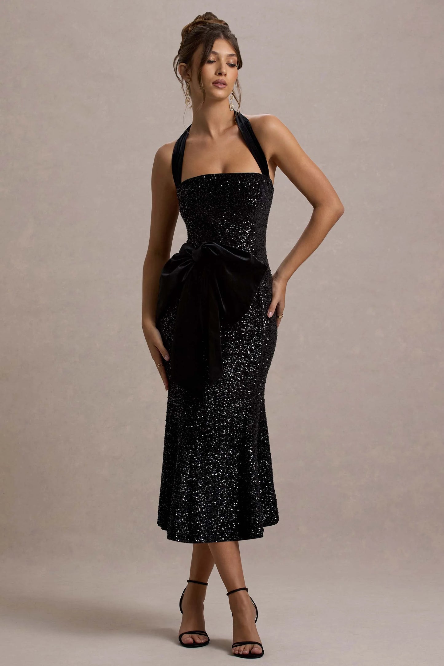 Adee | Black Sequin Velvet Halter-Neck Midi Dress With Bow