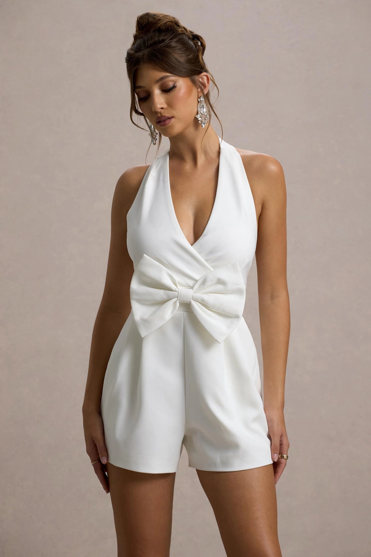 Darla | White Plunge Neck Playsuit With Bow