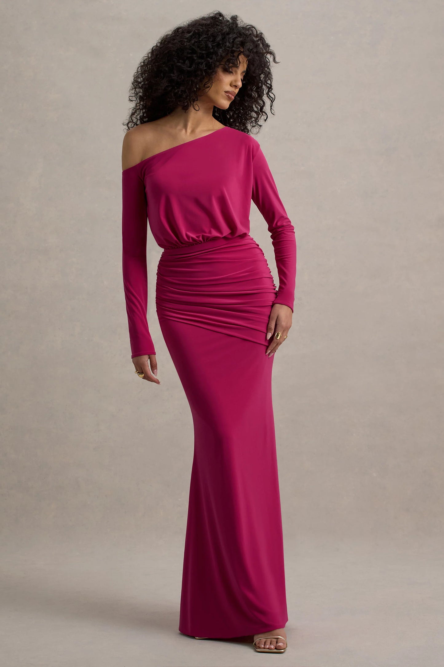 Deanna | Hot Pink Asymmetric Long-Sleeve Ruched Maxi Dress