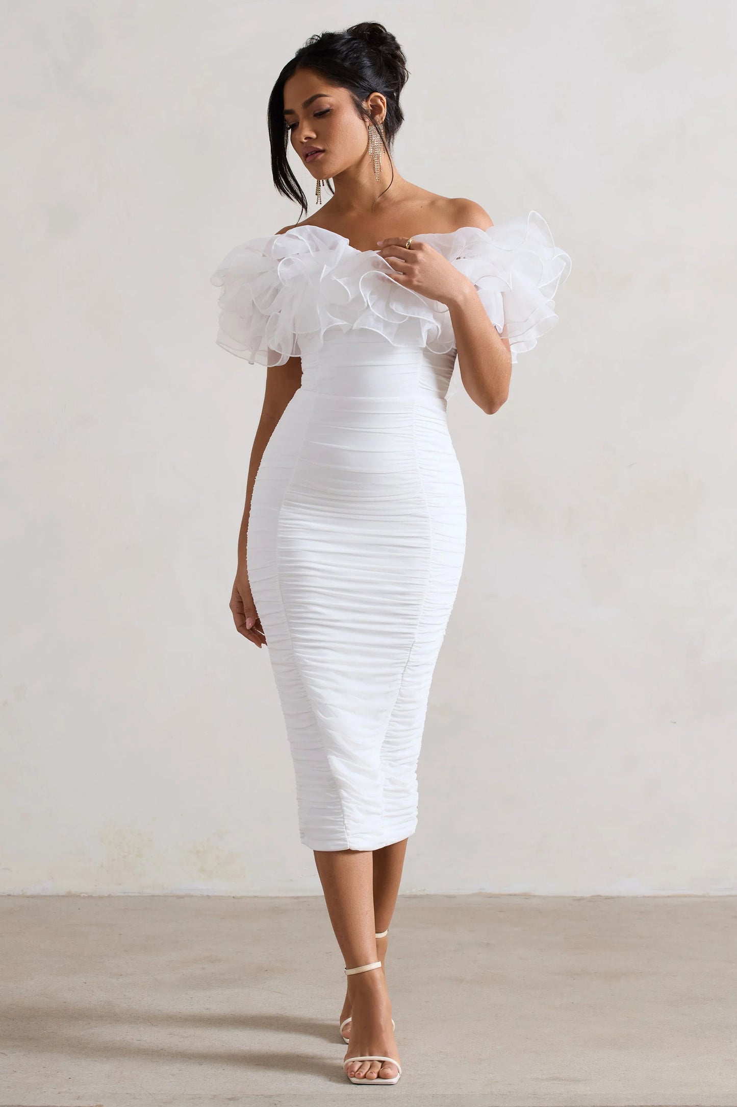 Ladylike | White Ruched Bardot Midi Dress With Organza Trim