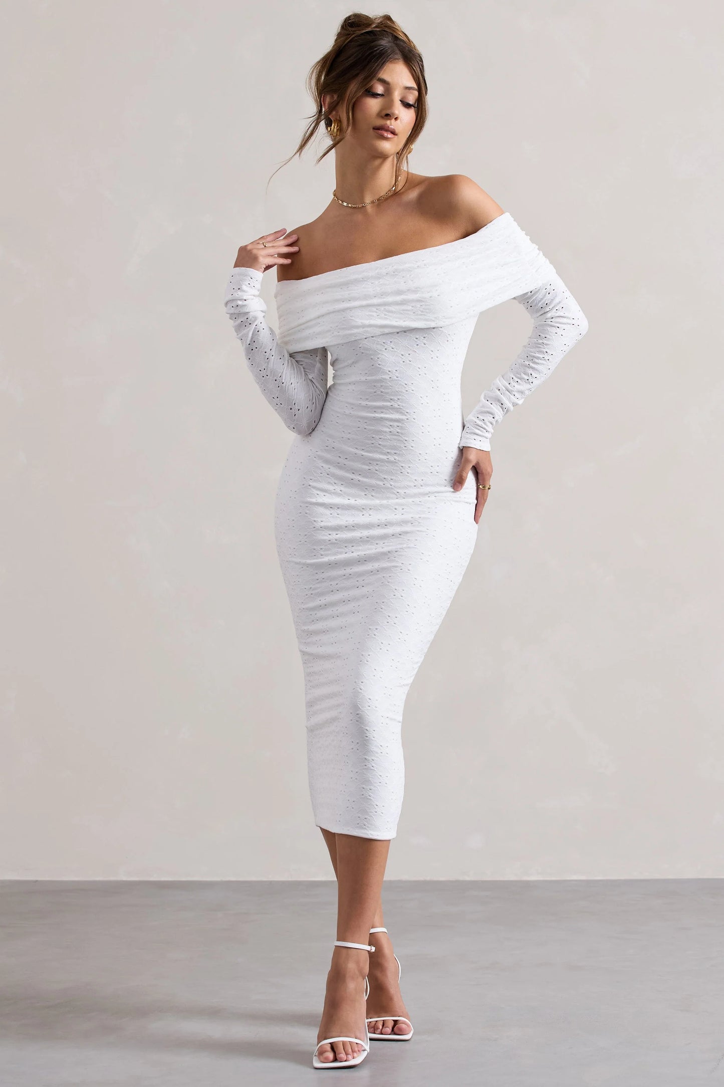 Emmeline | White Jacquard Bardot Midi Dress