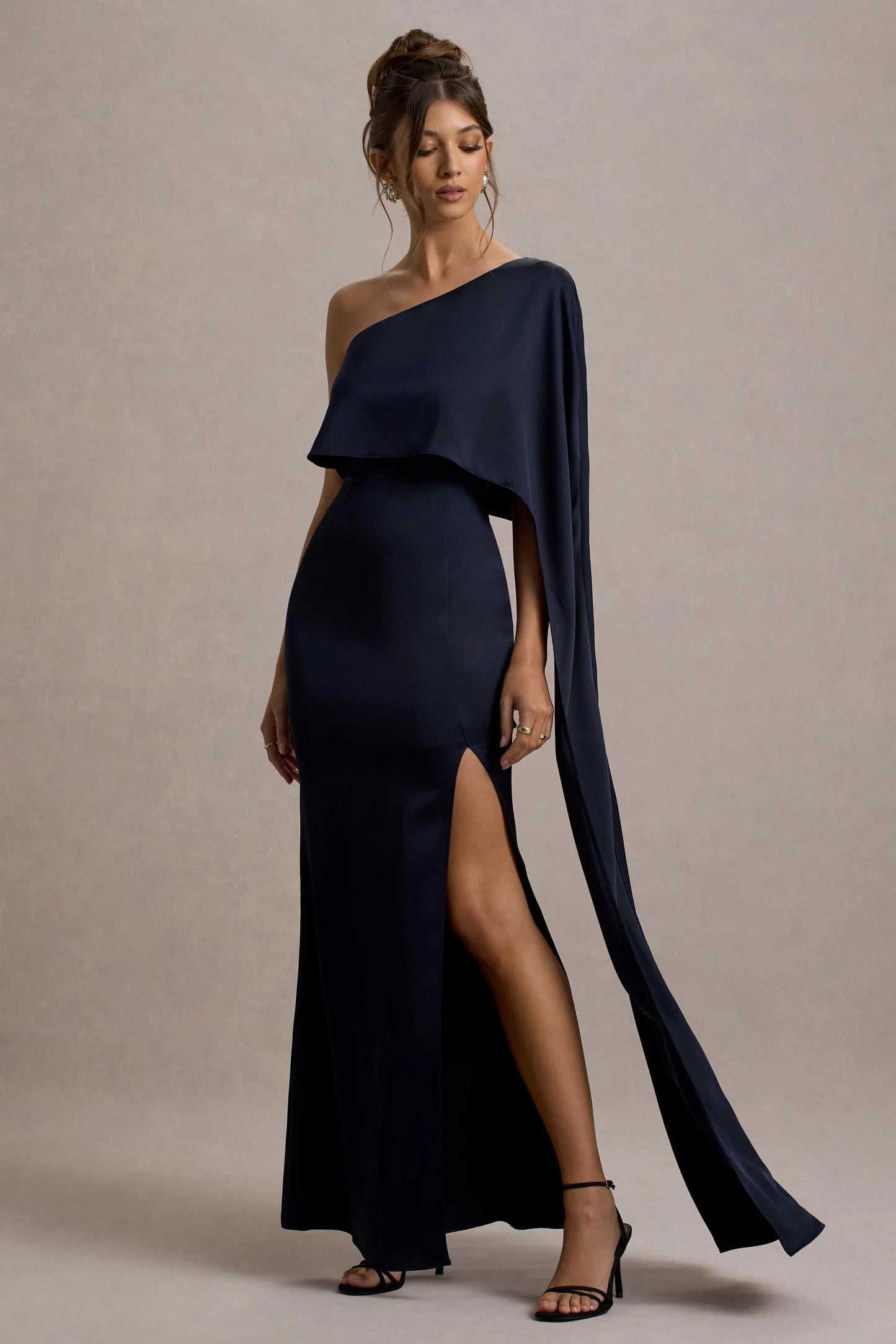 Amora | Navy Satin Asymmetric Cape-Sleeve Split Maxi Dress