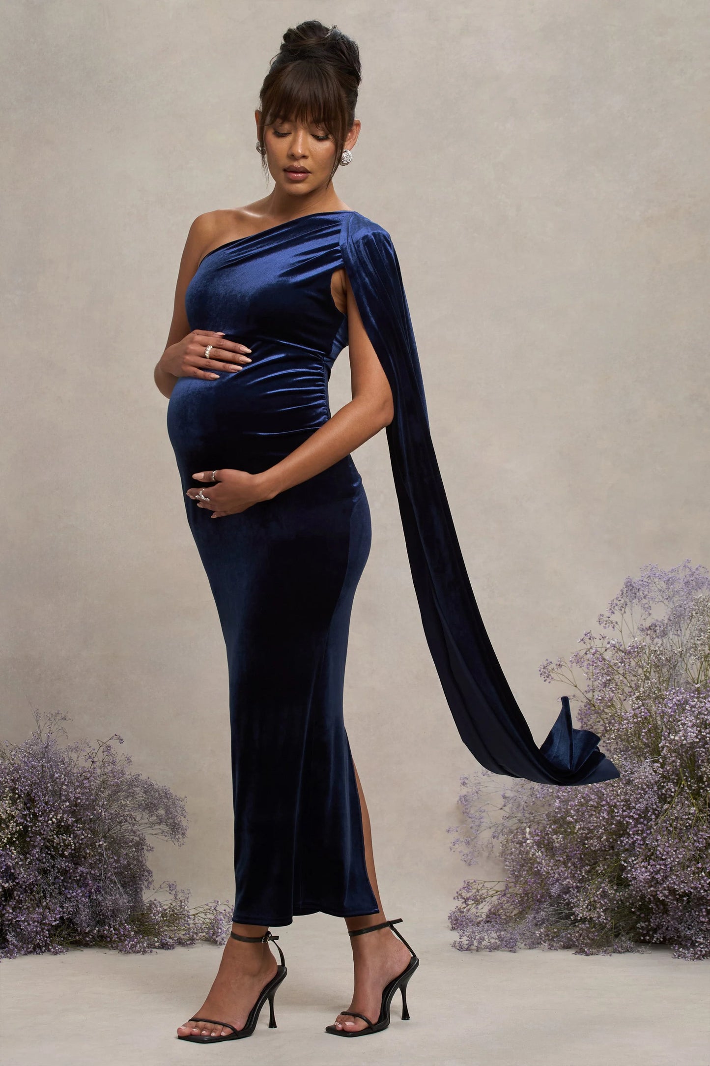 Amaryllis | Navy Velvet Maternity One Shoulder Maxi Dress with Cape Sleeve