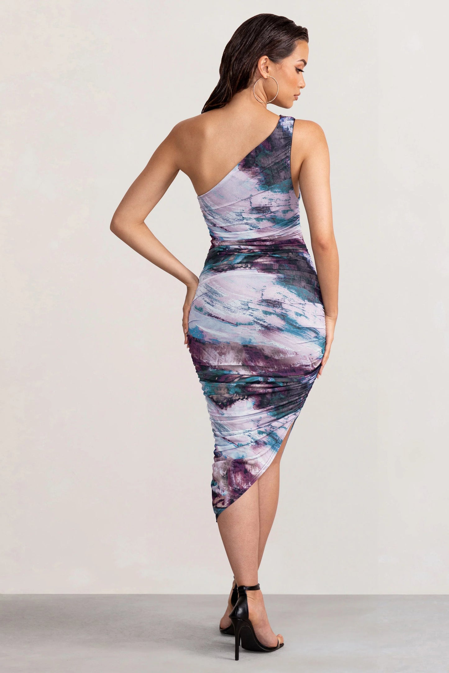 Late Night | Multi Print Asymmetric One Shoulder Ruched Midi Dress