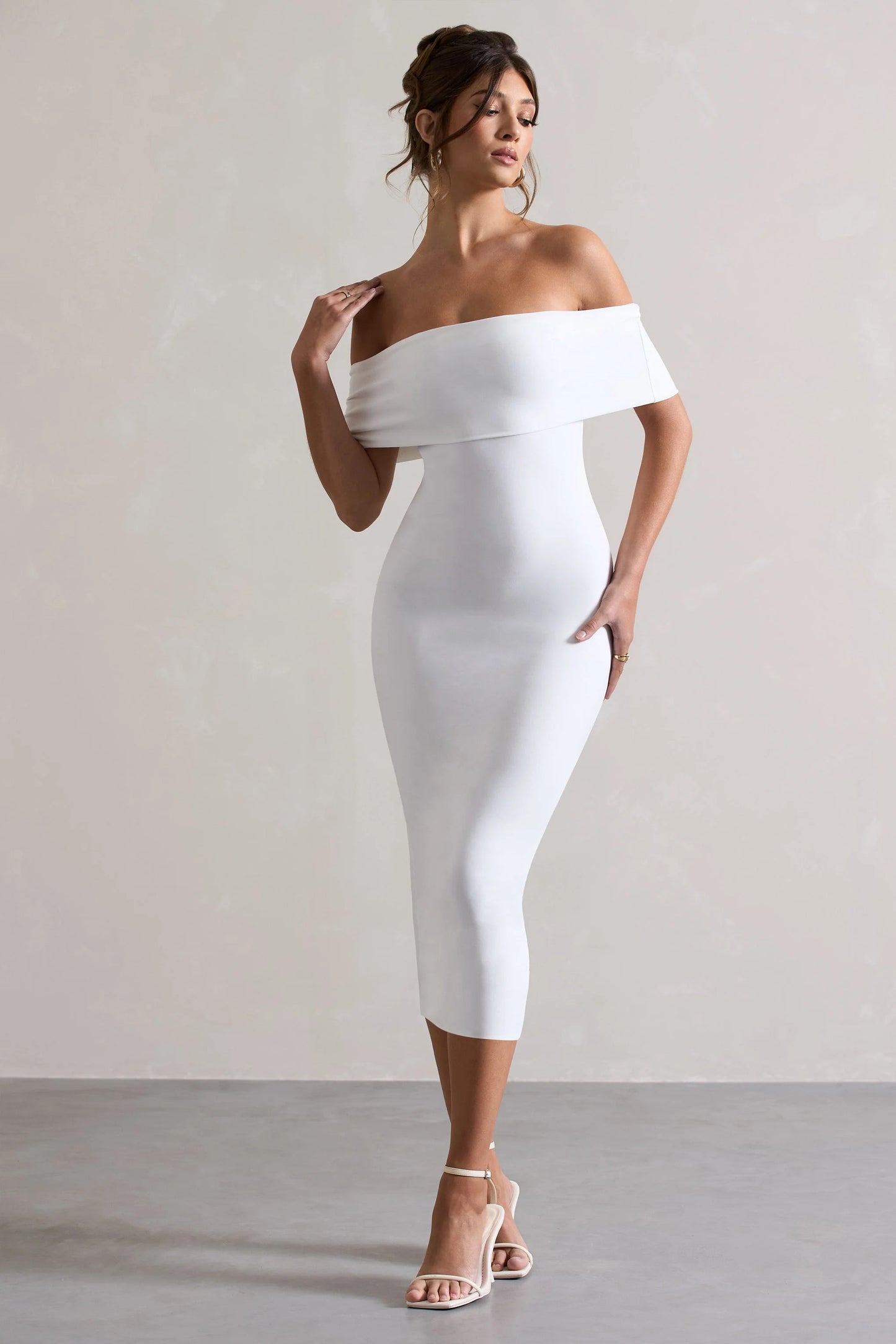 Averie | White Bodycon Bardot Midi Dress