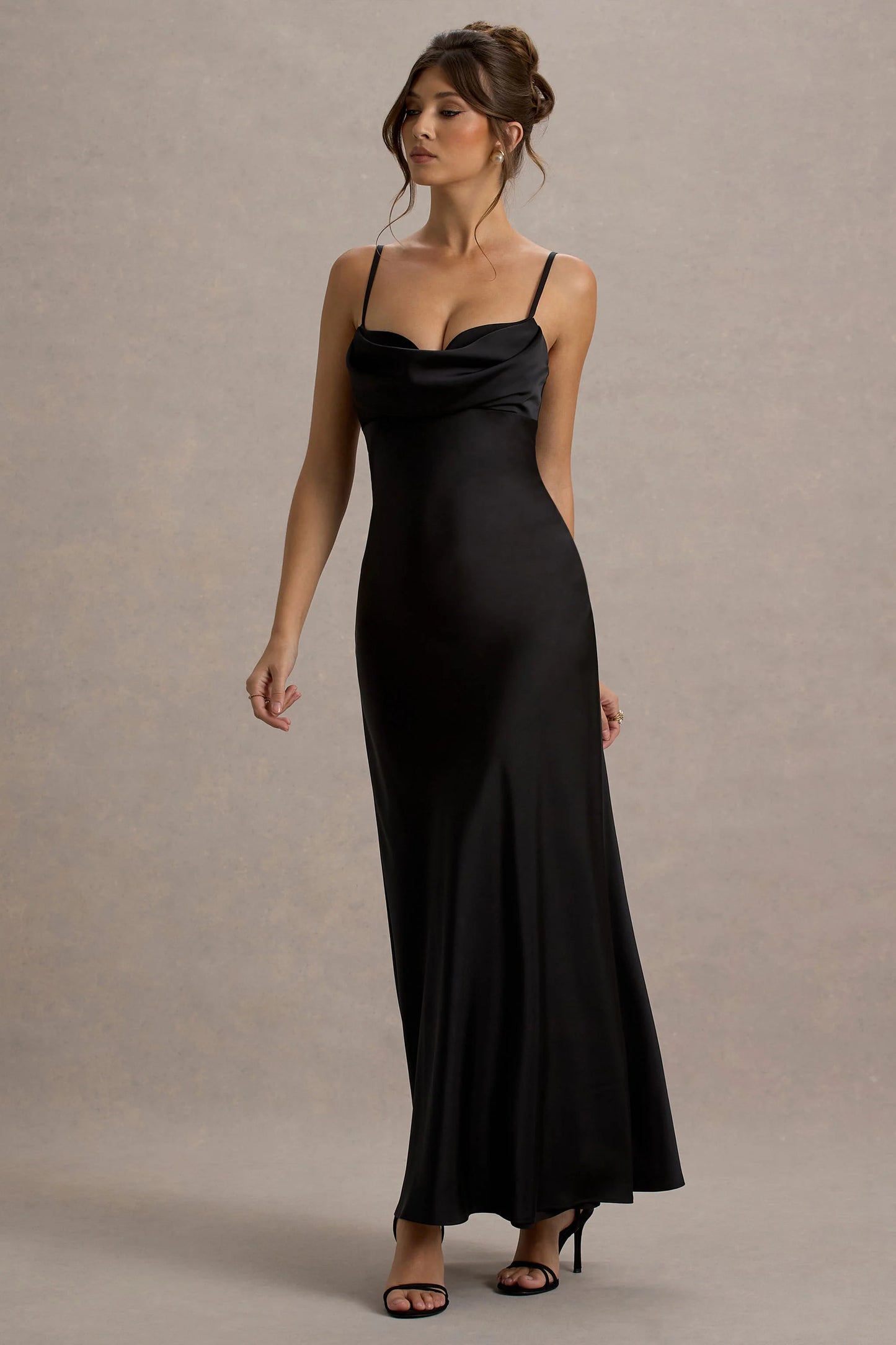 Eimear | Black Satin Draped Sweetheart Maxi Dress