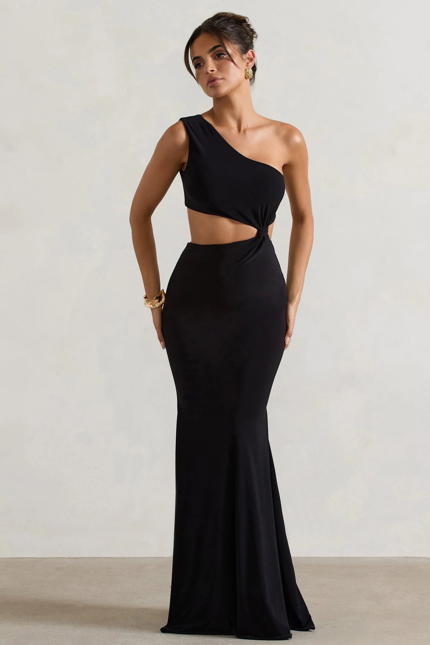 Aspyn | Black Asymmetric Twisted Cut-Out Fishtail Maxi Dress