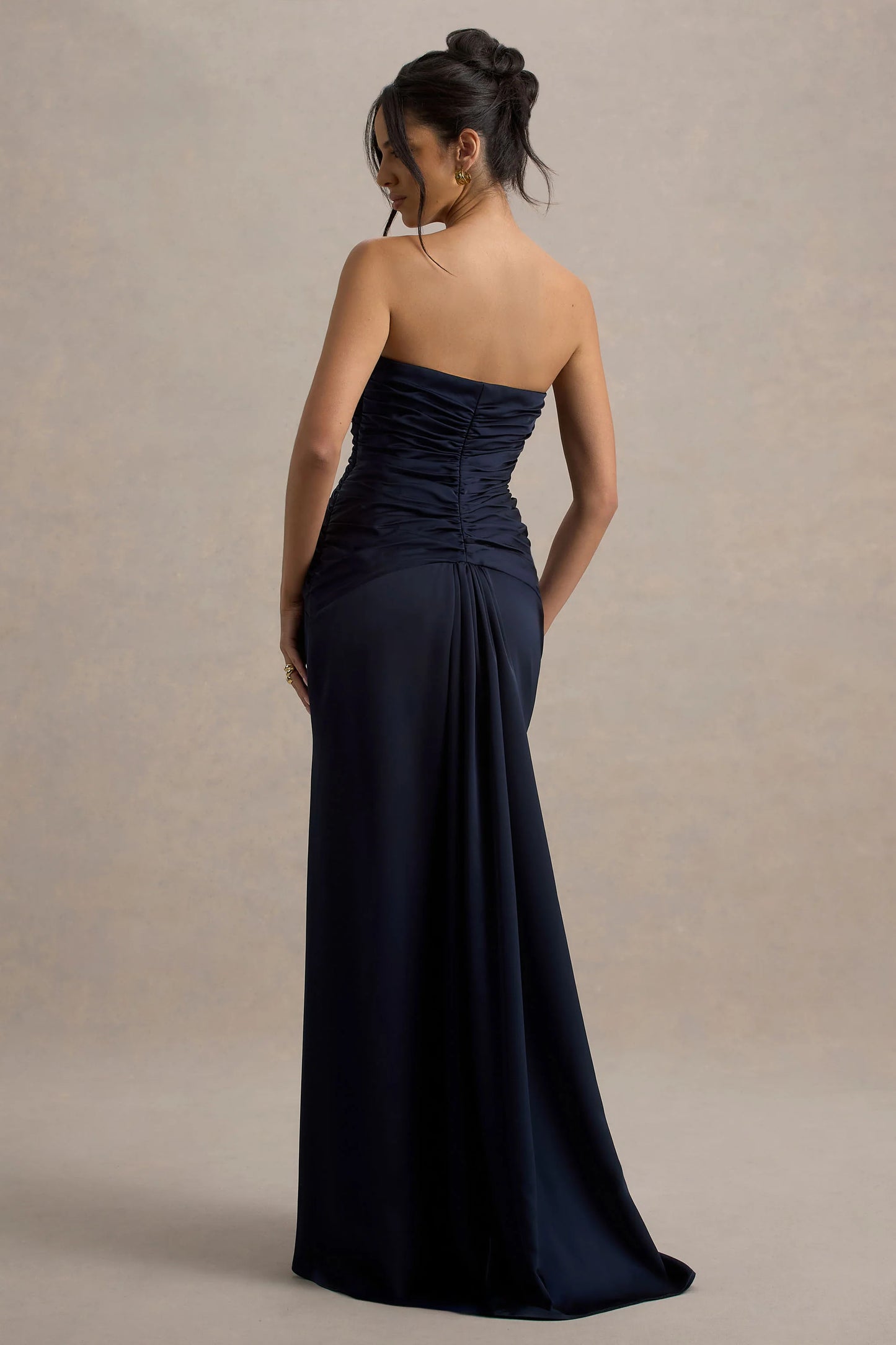 Desirie | Navy Satin Sweetheart Gathered Maxi Dress