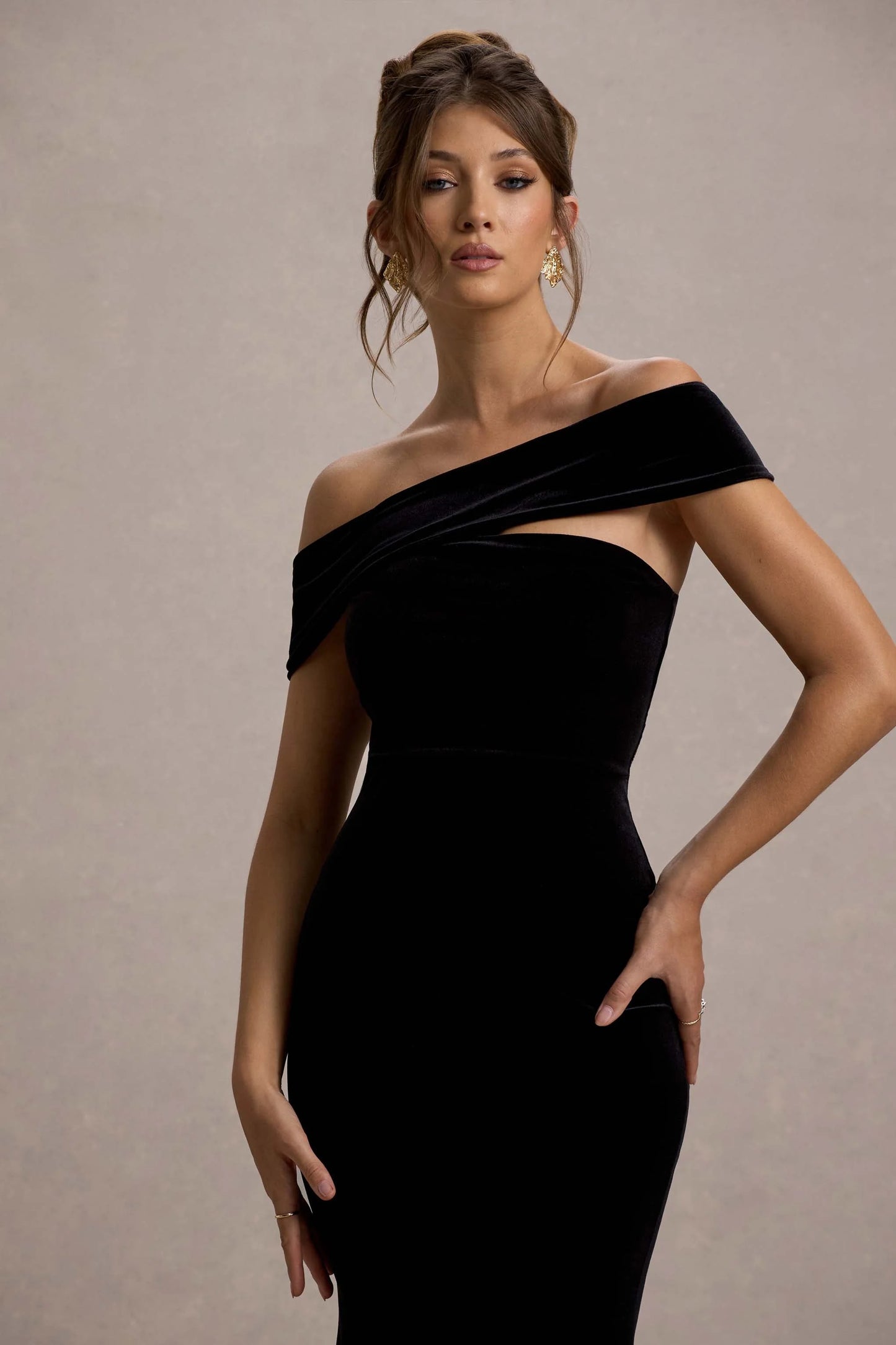 Candela | Black Velvet Asymmetric Bardot Maxi Dress