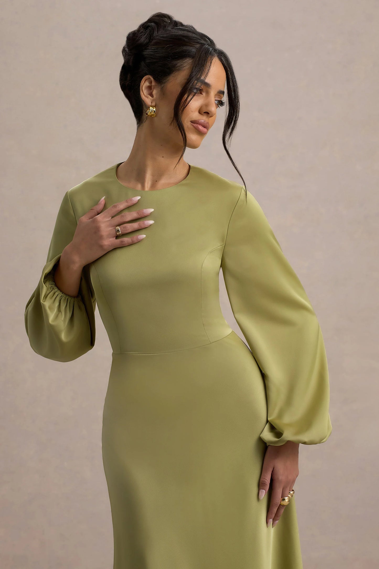 Crawley | Light Green Satin Puff-Sleeve Maxi Dress